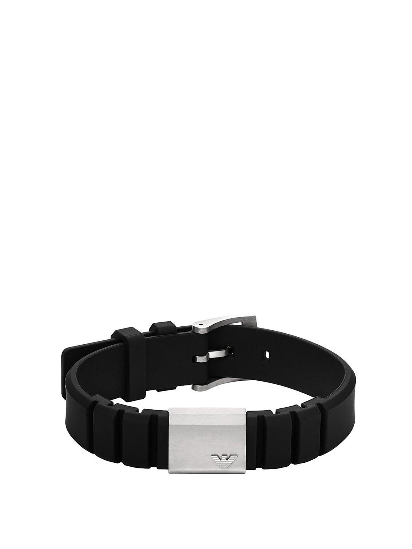 Product photograph of Emporio Armani Black Silicone And Stainless Steel Id Bracelet from very.co.uk
