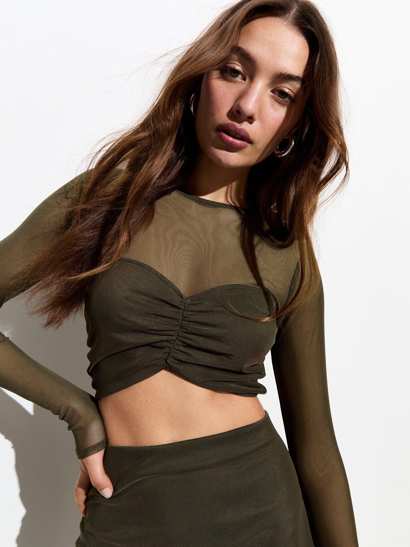 Women Olive Knitted Short Sleeve Ruched Crop Top