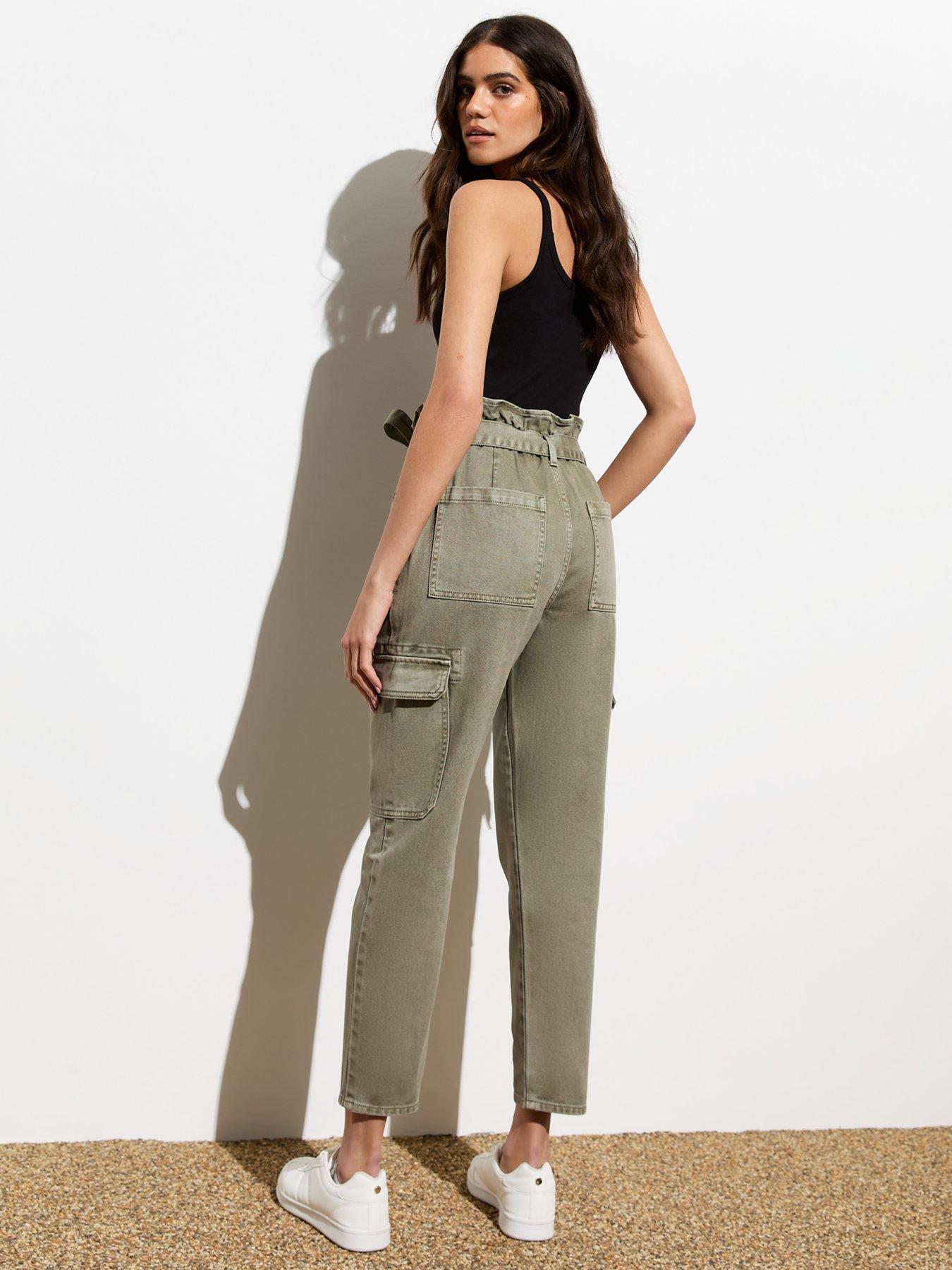 New Look Khaki High Waist Cargo Paperbag Jeans | Very.co.uk