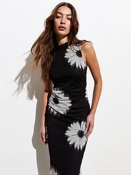 new look black daisy print mesh high neck midaxi dress