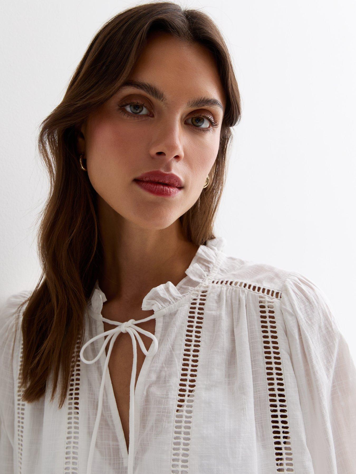 New Look Off White Cotton Cutwork Tie Neck Top | Very.co.uk