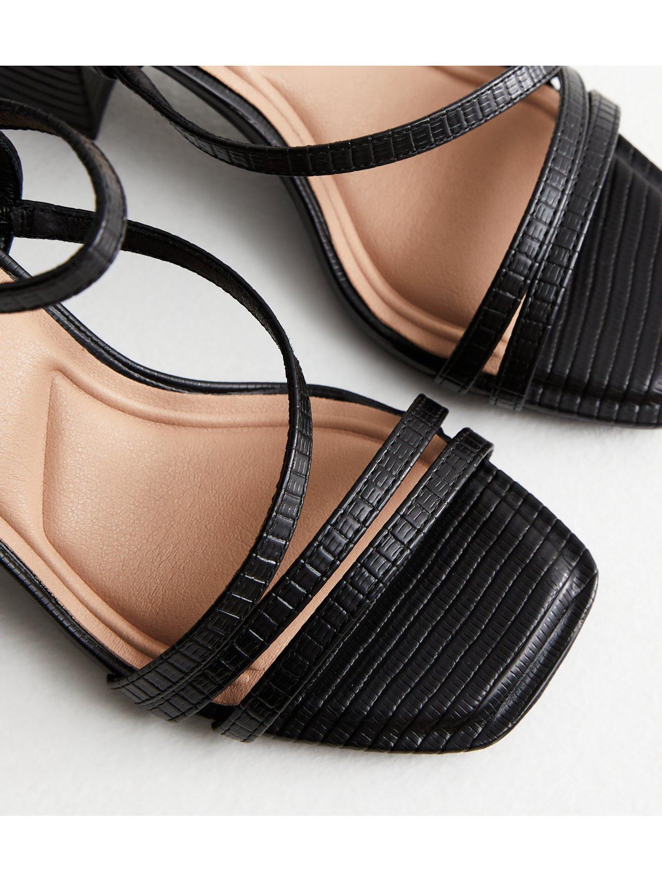 Wide Fit Black Leather look Strappy Block Heel Sandals