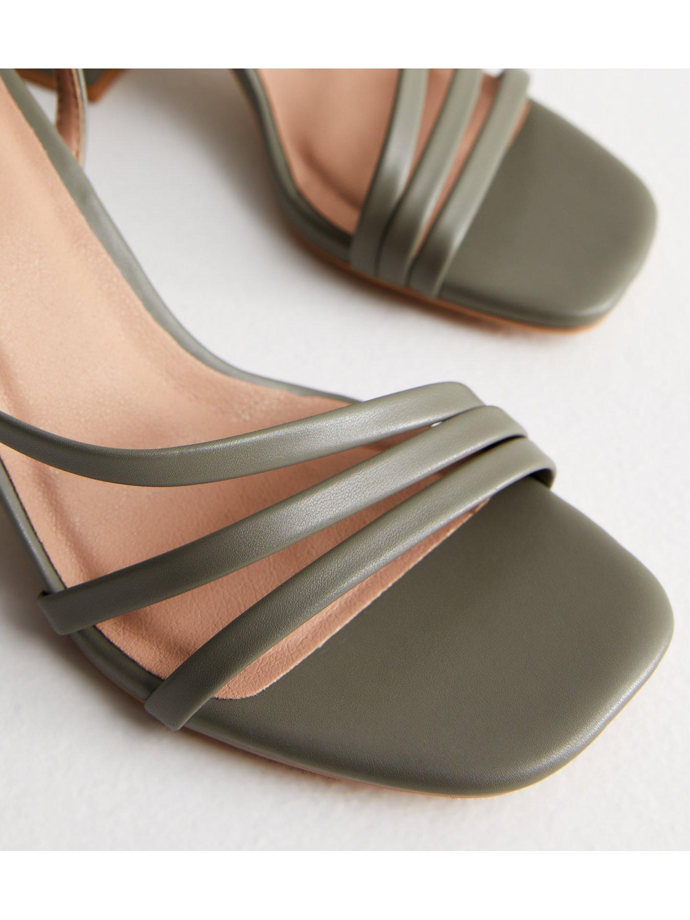 Khaki Leather Look Strappy Block Heel Sandals