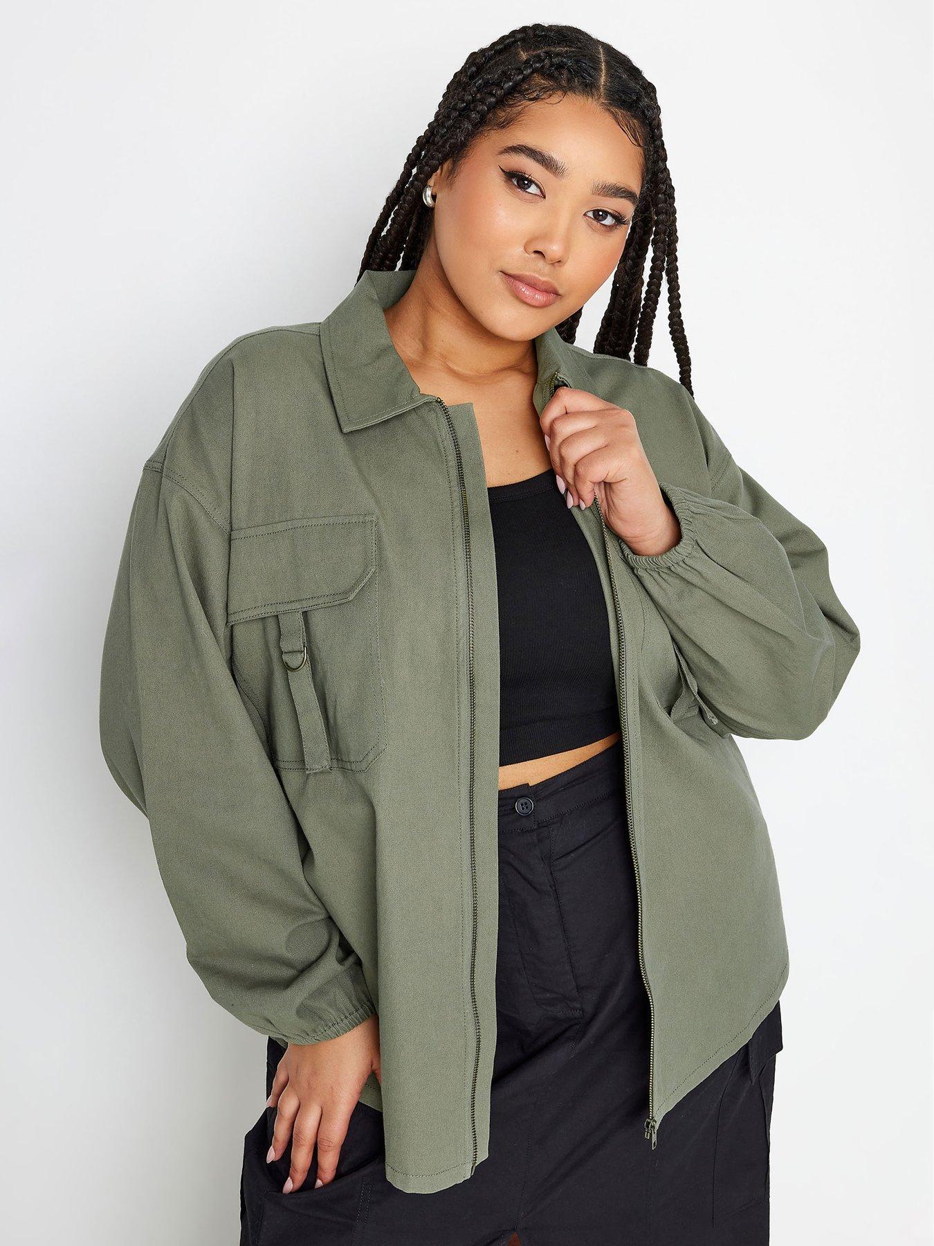 Yours Curve Utility Bomber Jacket Khaki
