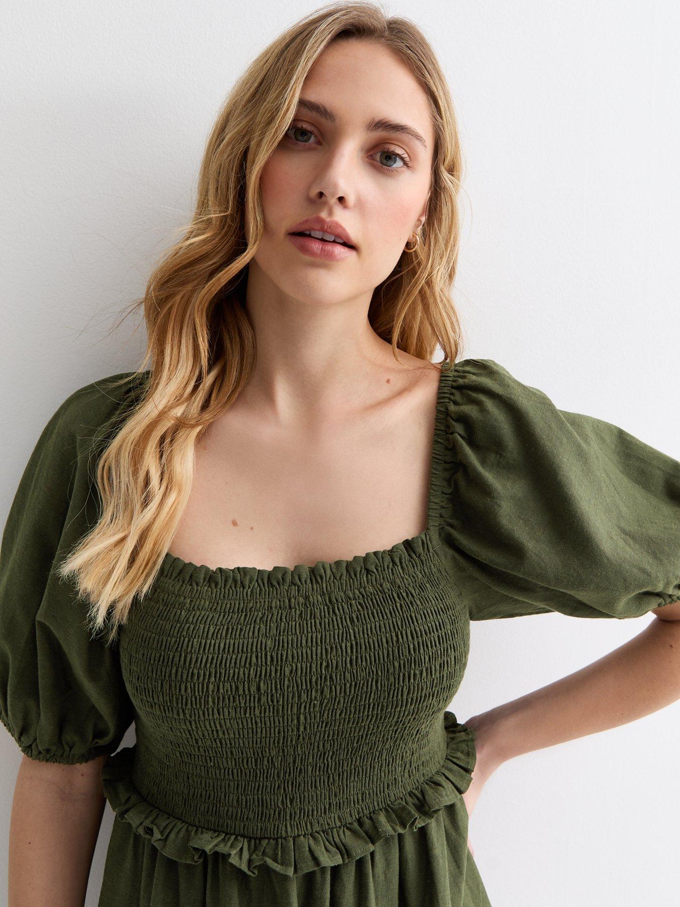 Khaki Square Neck Shirred Midi Dress