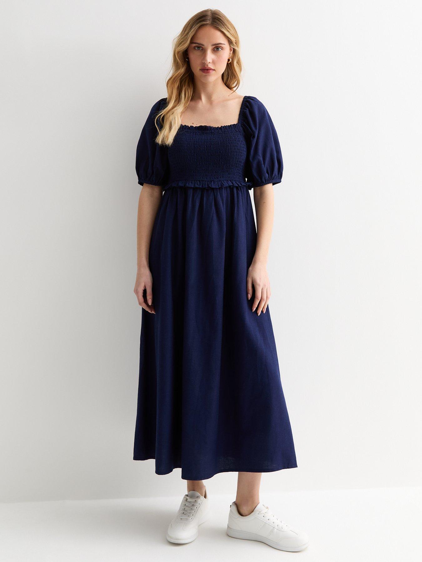 New Look Navy Square Neck Shirred Midi Dress Very