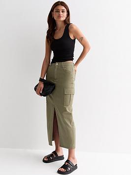new look khaki high waist split front cargo maxi skirt