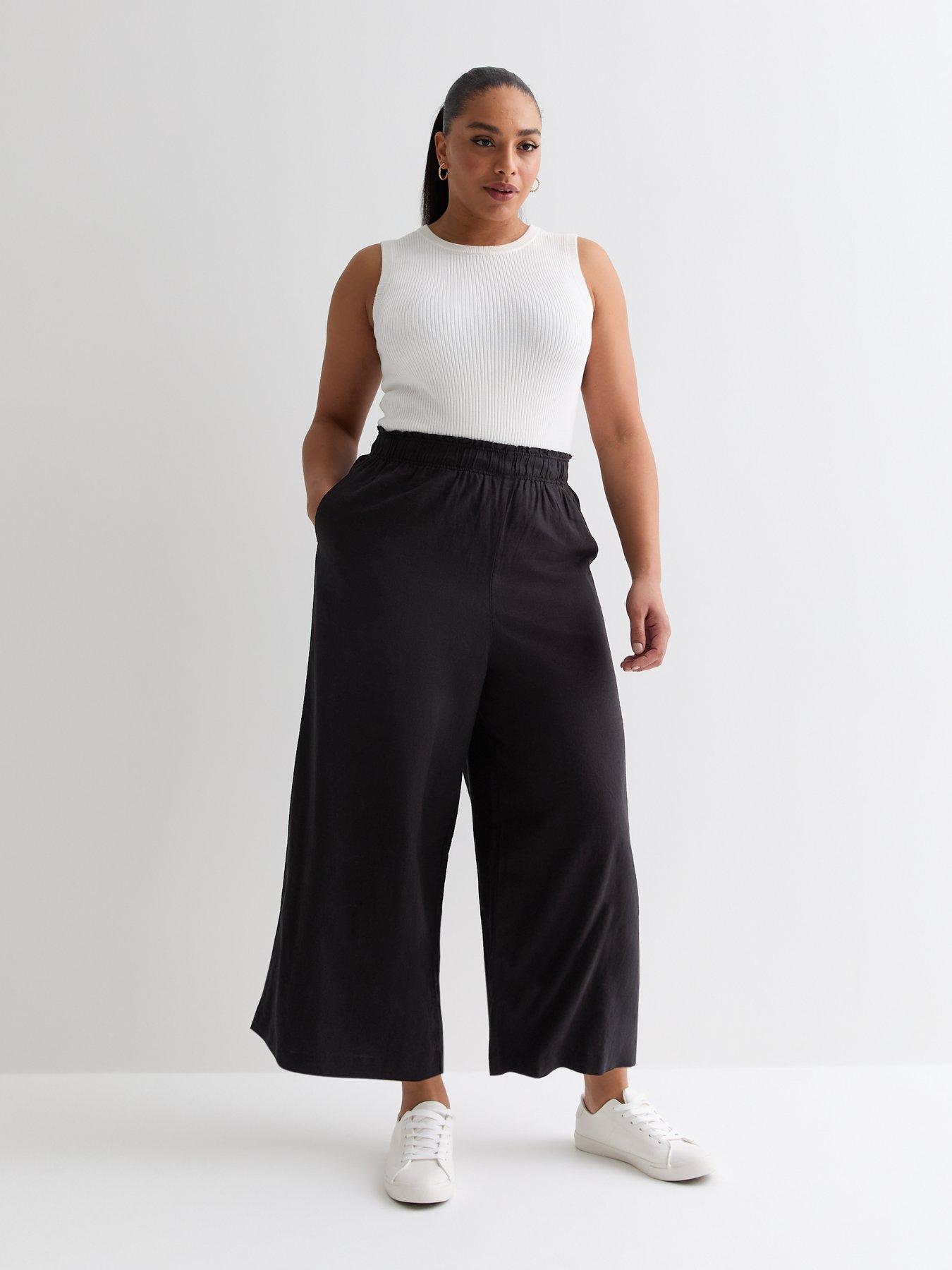 Curves Black Linen Wide Leg Crop Trousers