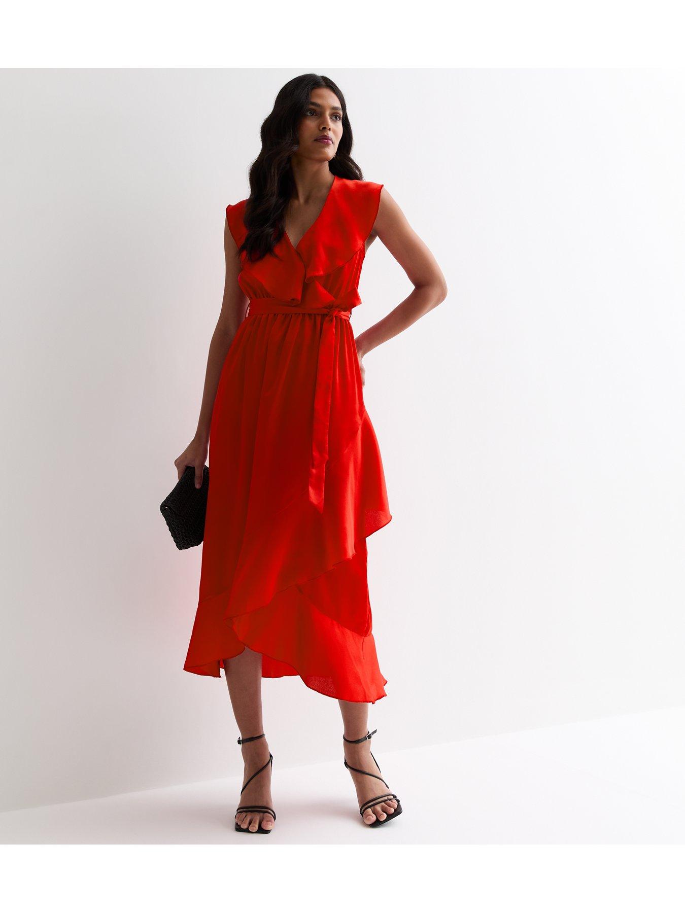 New Look Red Sleeveless Belted Ruffle Midi Dress | Very.co.uk