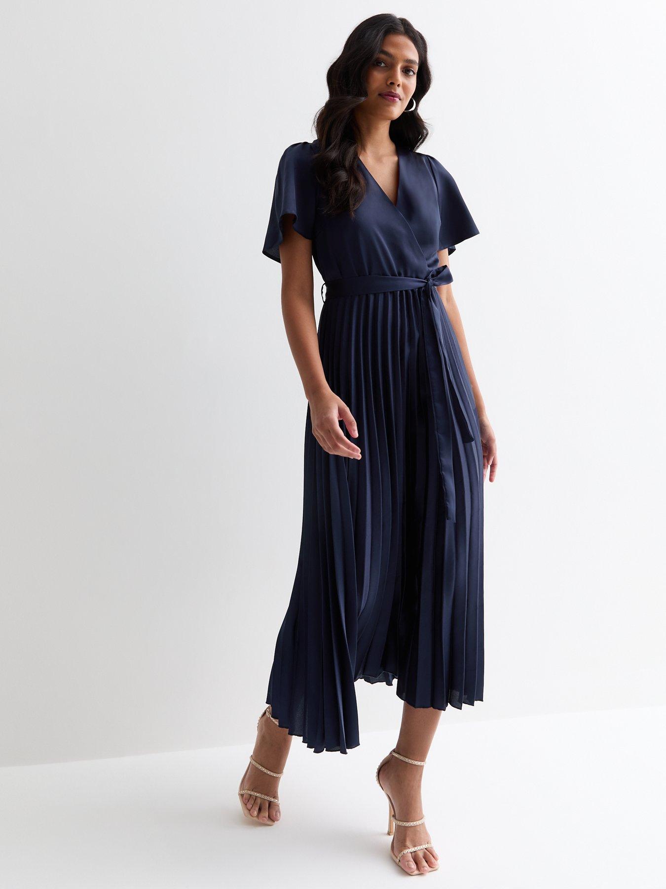 New Look Navy Satin Wrap Front Pleated Midi Dress Very