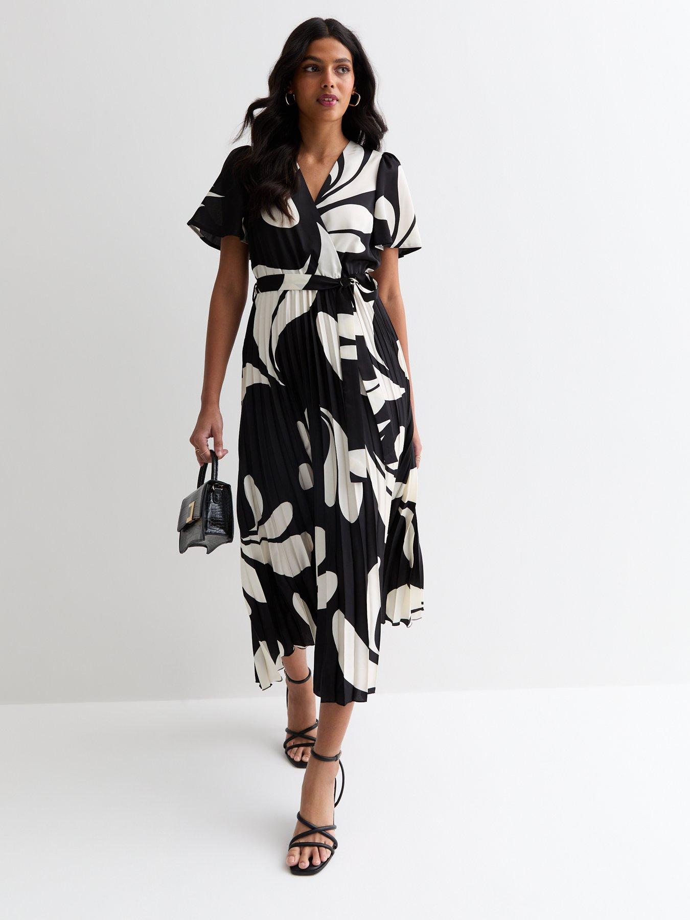 New Look Black Abstract Print Satin Wrap Front Pleated Midi Dress ...