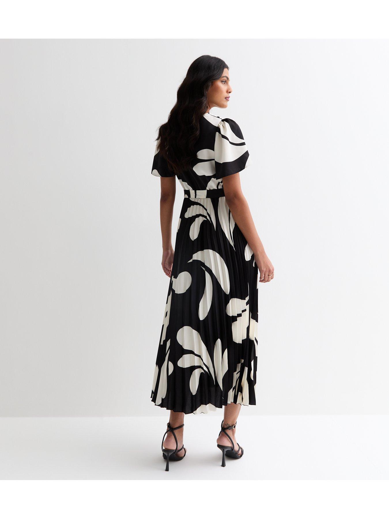 New Look Black Abstract Print Satin Wrap Front Pleated Midi Dress ...
