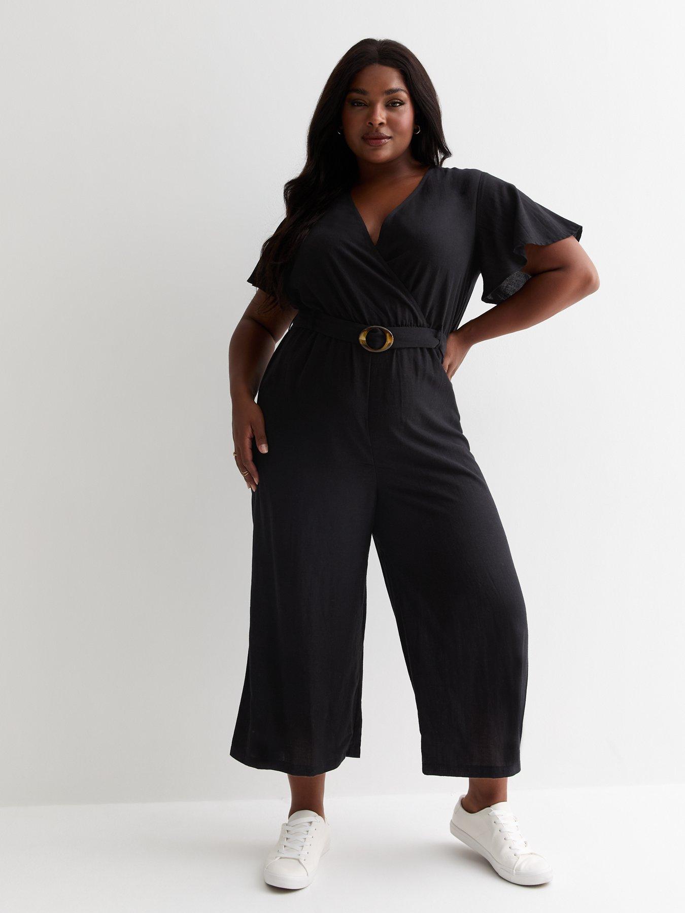 New Look Curves Black Belted Wrap Wide Leg Jumpsuit | Very.co.uk