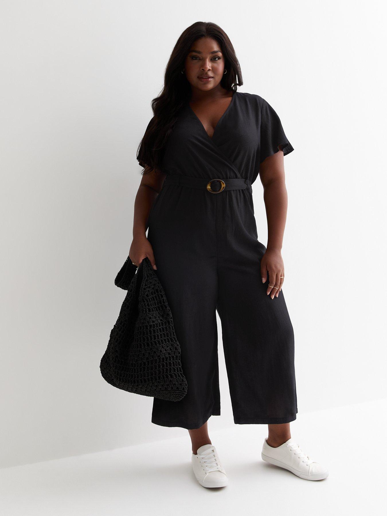 New Look Curves Black Belted Wrap Wide Leg Jumpsuit | Very.co.uk