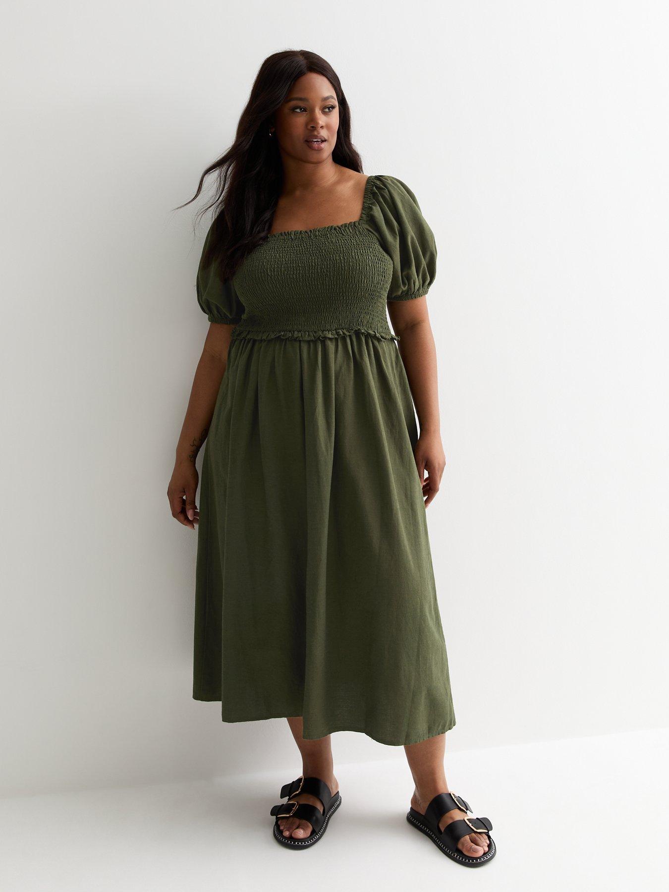 New Look Curves Khaki Square Neck Shirred Midi Dress Green Very