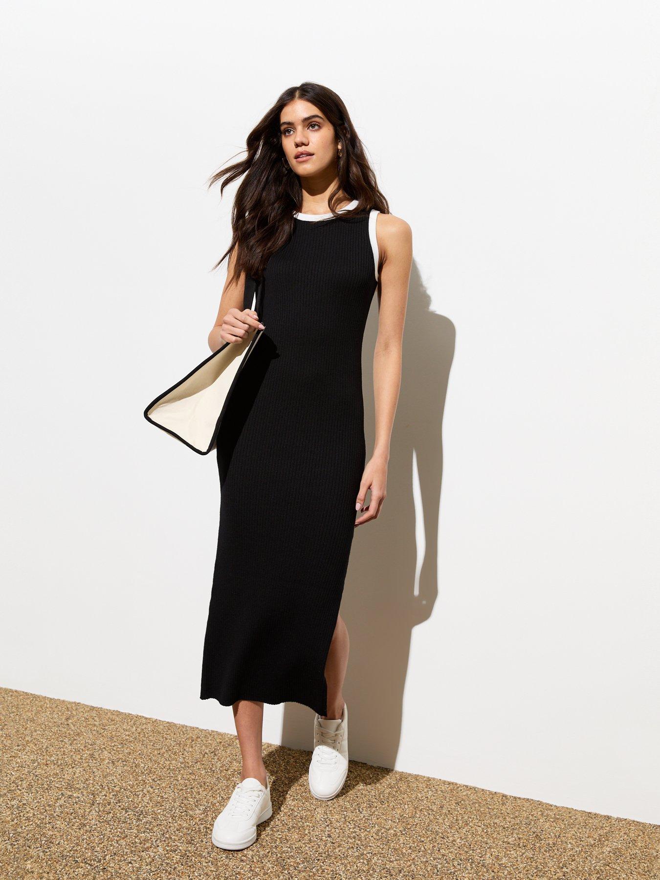 New Look Petite ribbed midi dress with side slit in black