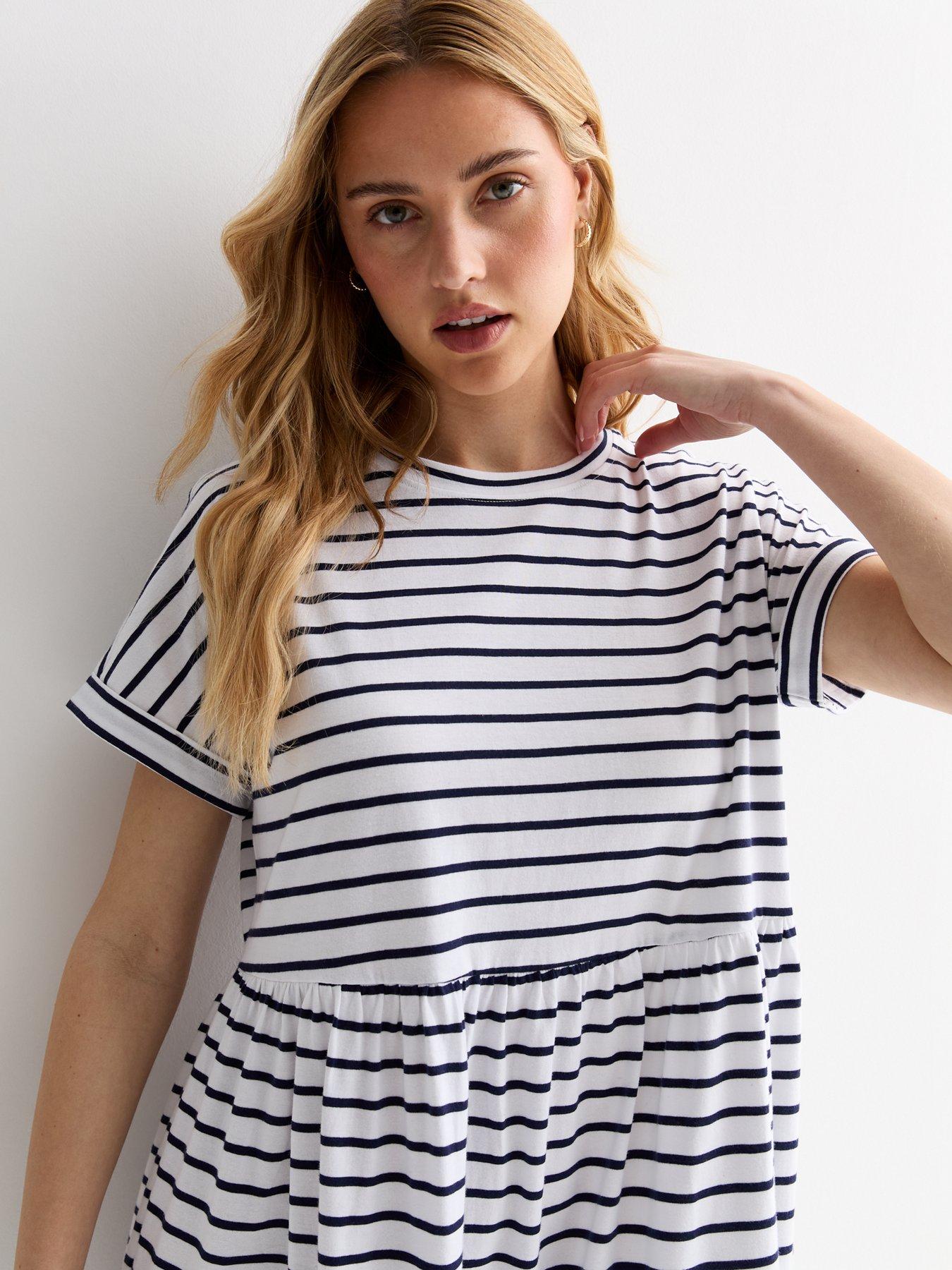 New Look White Stripe Cotton Tiered Midi Smock Dress | Very.co.uk