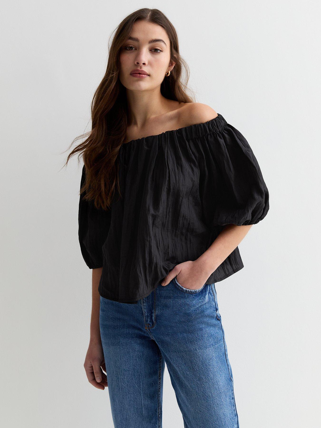 New Look Black Bardot Puff Sleeve Top | very.co.uk