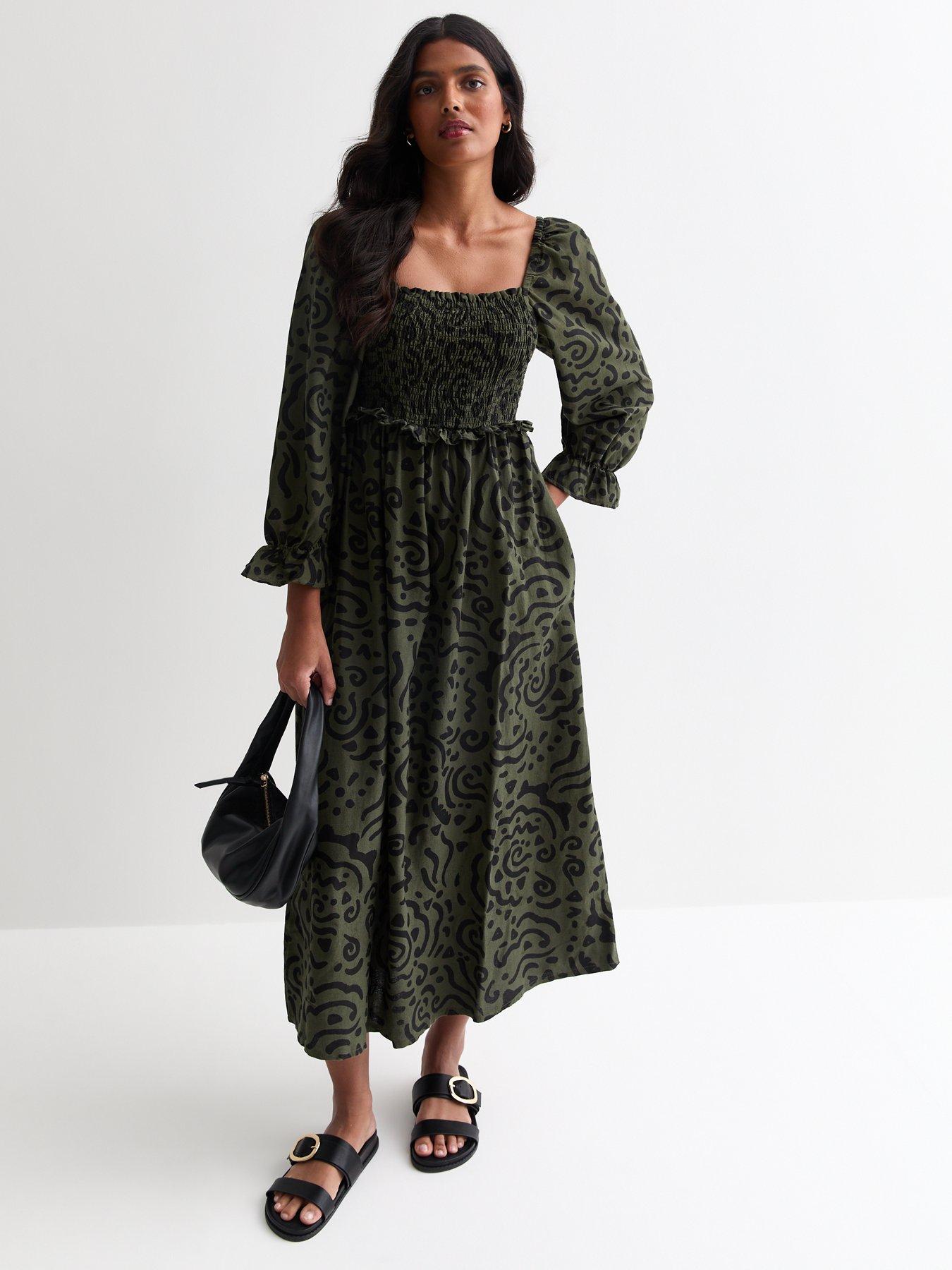(4p. pack) Green Abstract V-Neck Printed Midi Dress - T-80 main image 1