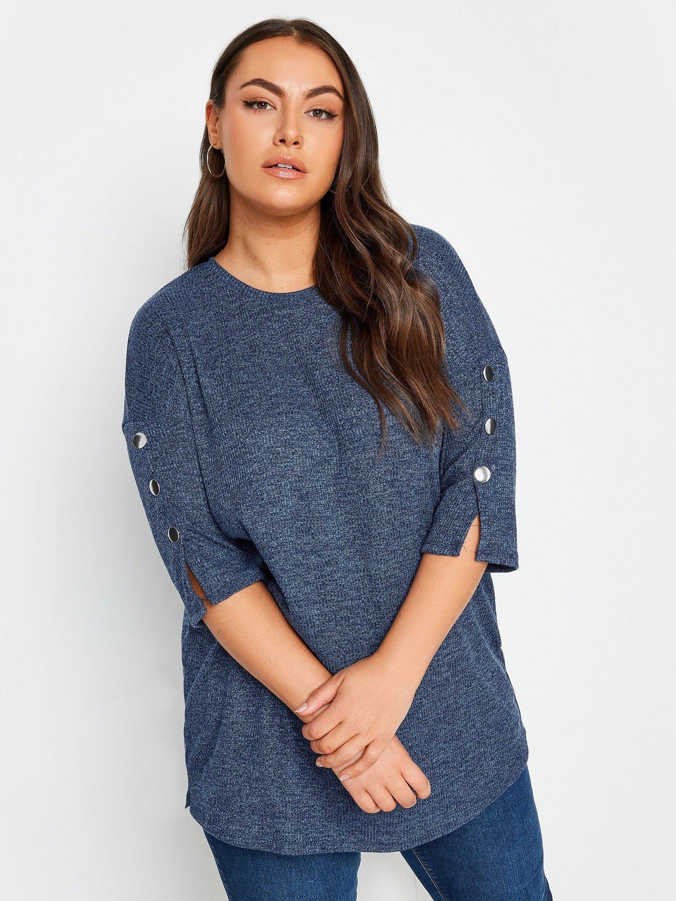 Yours Curve Soft Touch Button Detail Top - Blue, Blue, Size 22-24, Women