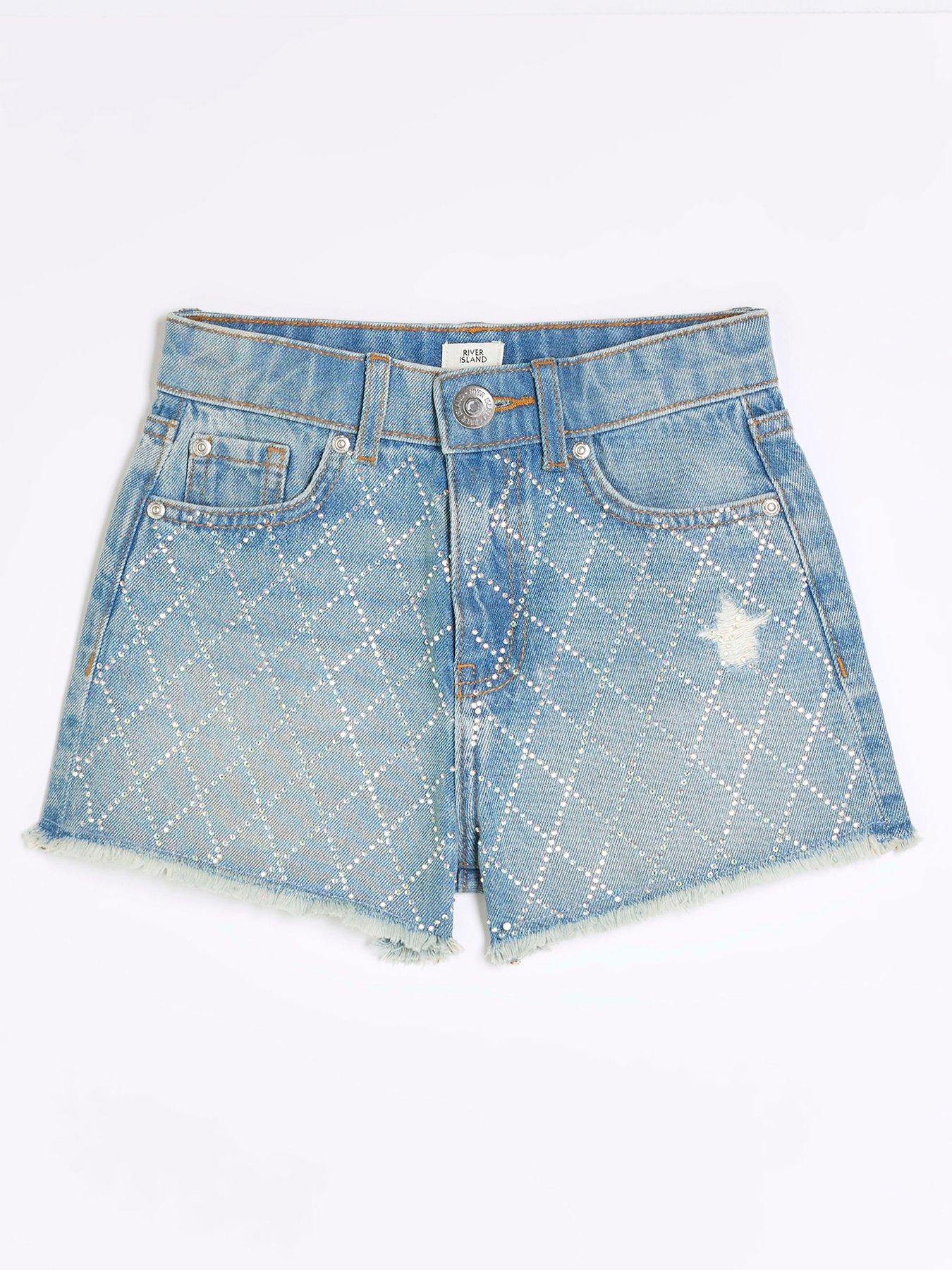 Girls Diamante Denim Shorts Blue