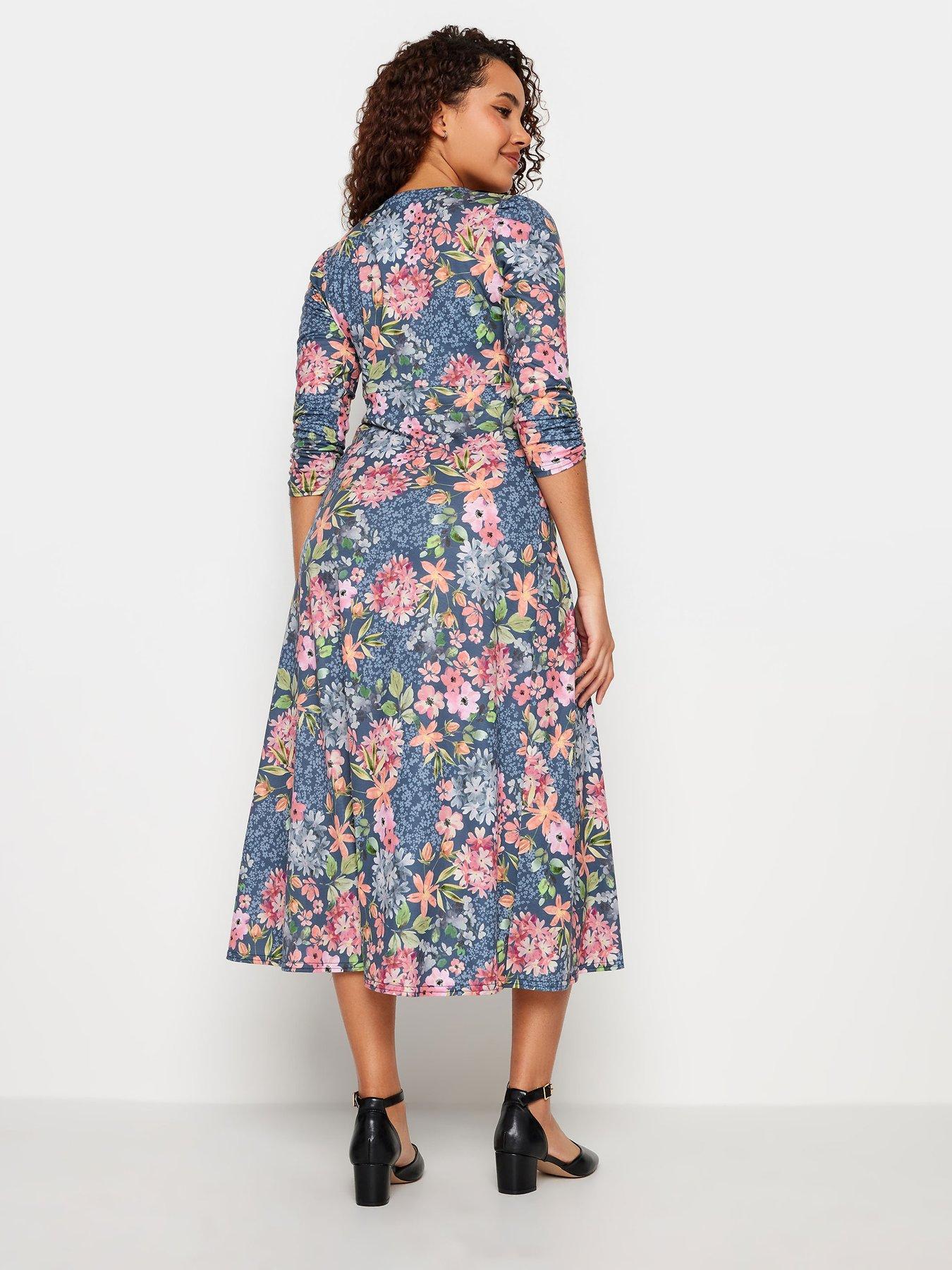 Midi Dress with Gathered Shoulders and Floral Waist Detail - Blue
