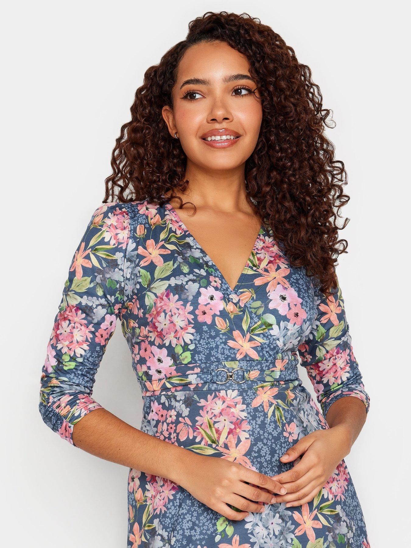 M&Co Blue Floral Gathered Sleeve Midi Dress | Very.co.uk