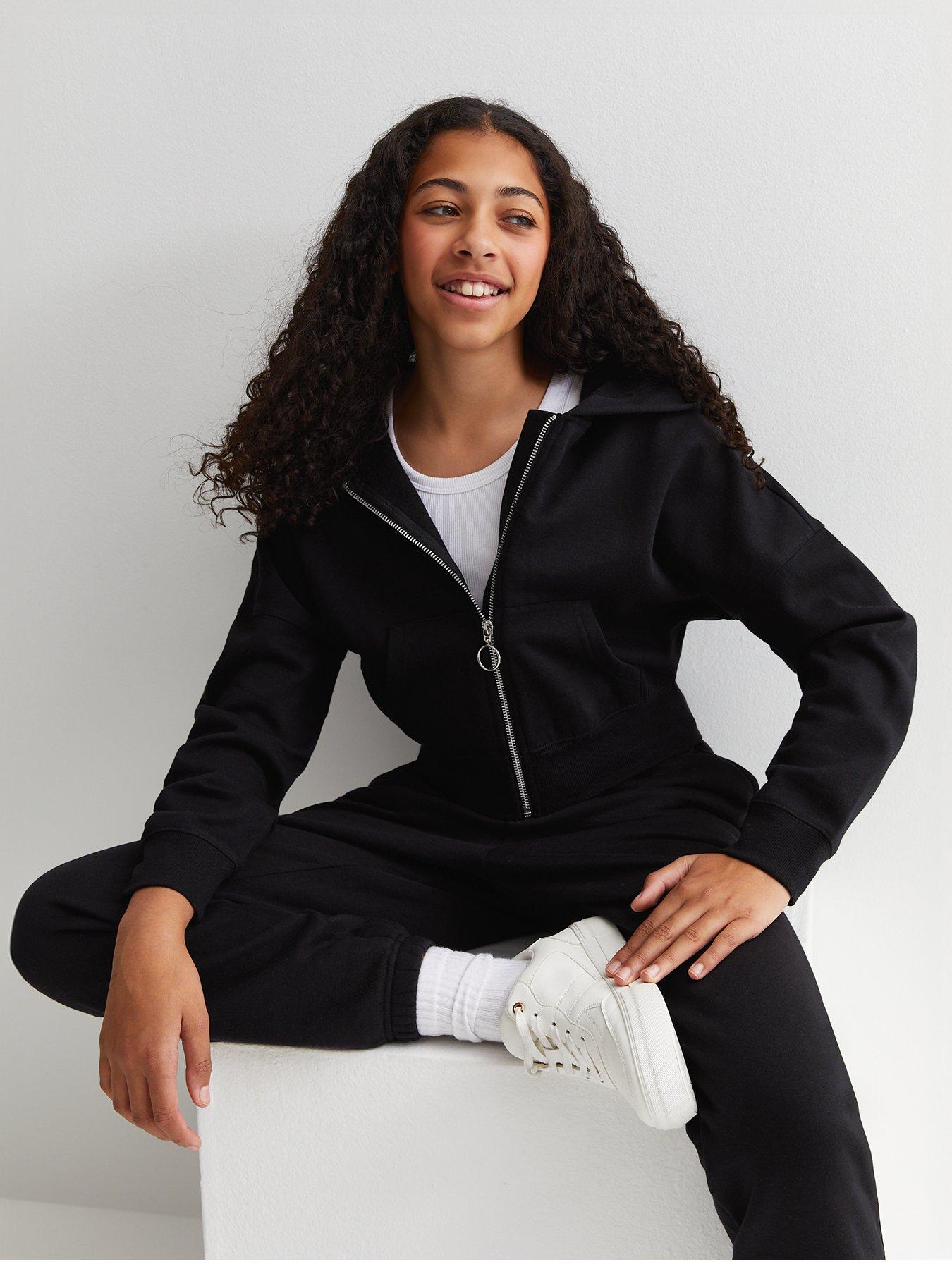 New Look 915 Girls Black Zip Through Cropped Hoodie very