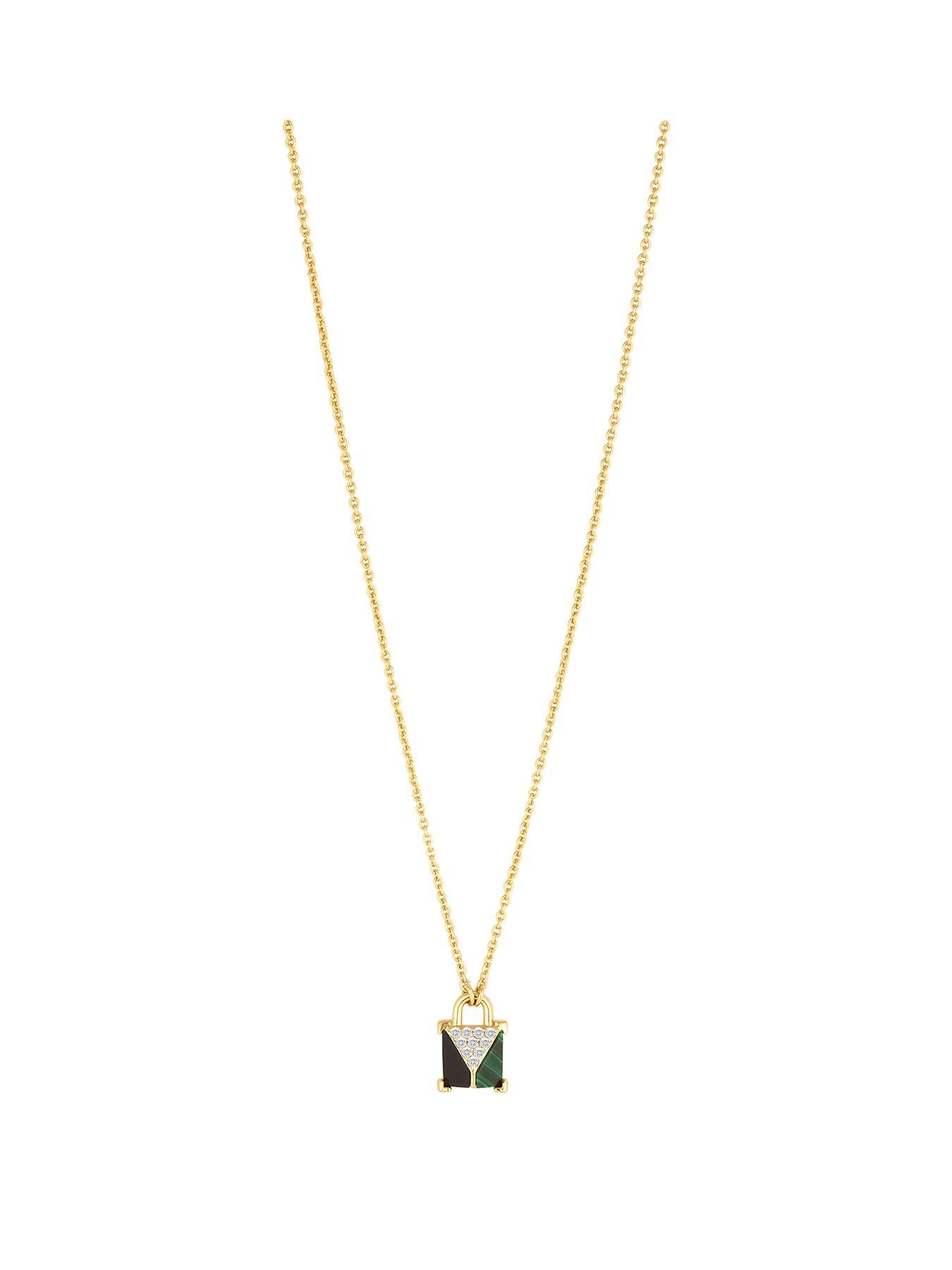 Product photograph of Inicio Gold Plate Malaquite Padlock Pendant from very.co.uk