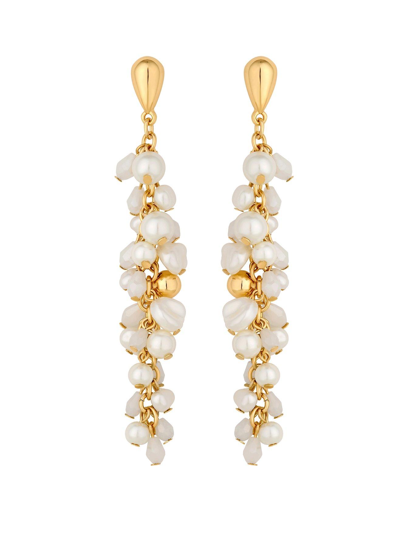 Product photograph of Mood Gold Cream Pearl And Polished Cluster Long Drop Earring from very.co.uk