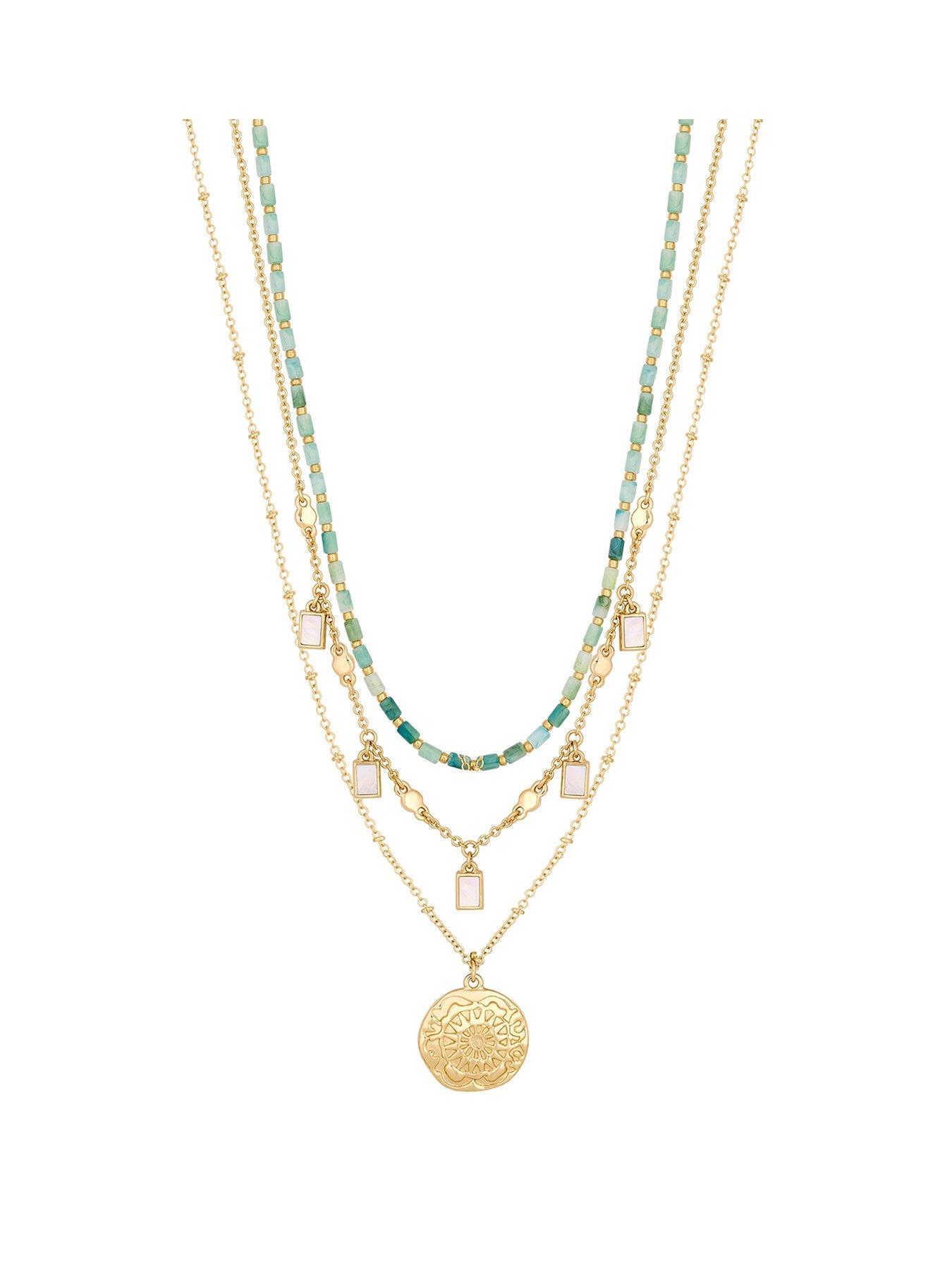 undefined Gold Blue Coastal Bead And Mother Of Pearl Charm Layered Necklaces - Pack Of 3