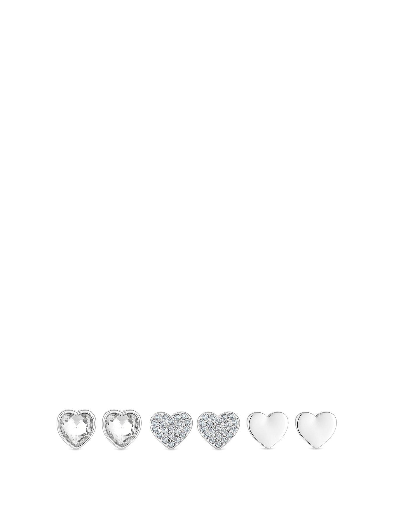 Product photograph of Mood Silver Polished And Crystal Heart Stud Earrings - Pack Of 3 from very.co.uk