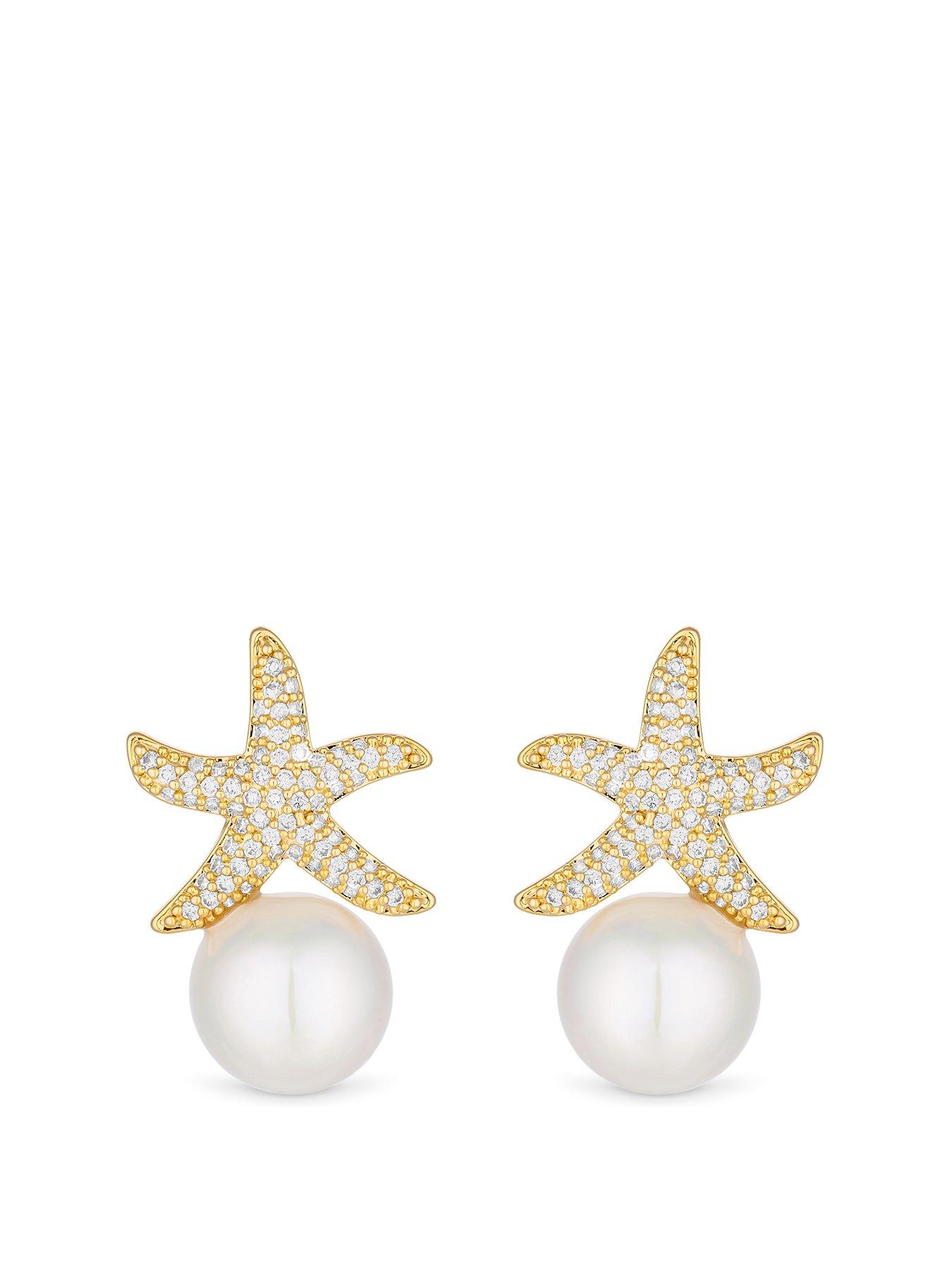 Product photograph of Jon Richard Gold Plated Cubic Zirconia Starfish Pearl Drop Stud Earring from very.co.uk