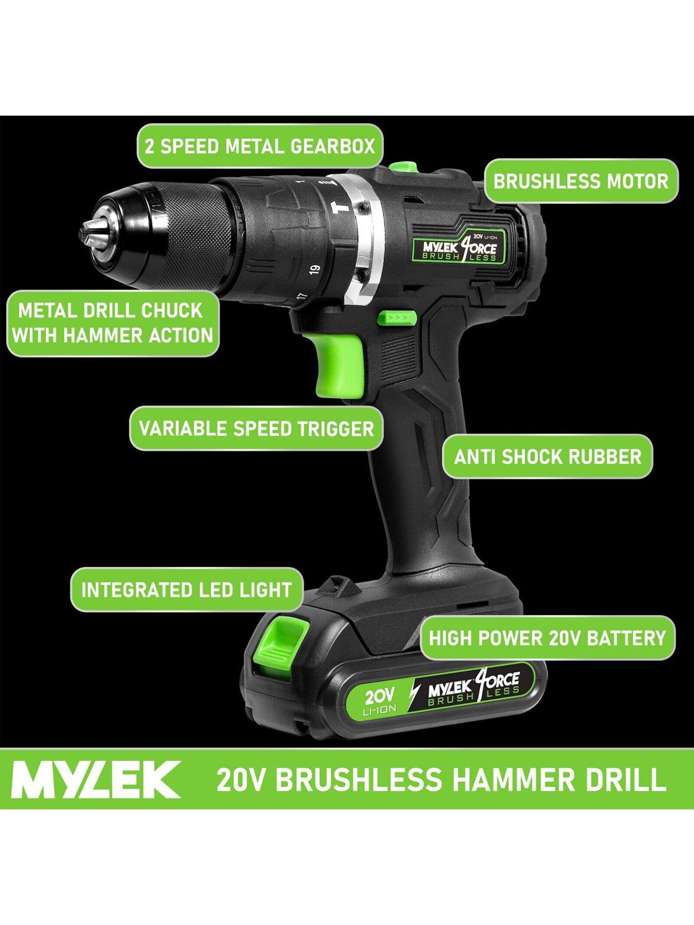Mylek Cordless Drill 20V Brushless Driver Impact Hammer Action Combi Set with 2.0Ah Battery and Fast Charger 50Nm Electric Screwdriver 19 3 Torque Very