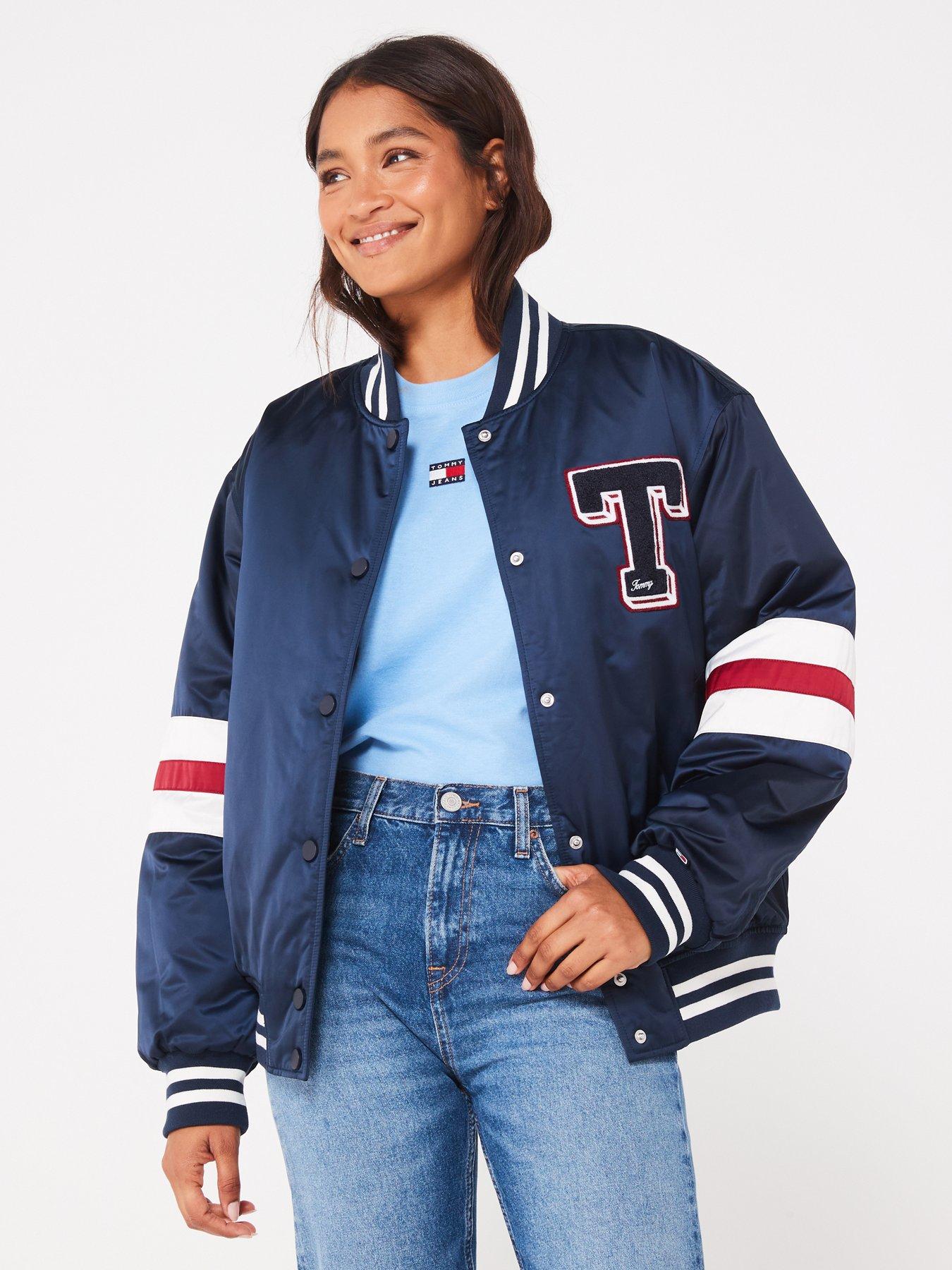 Tommy Jeans Letterman Satin Bomber Jacket - Navy | Very.co.uk