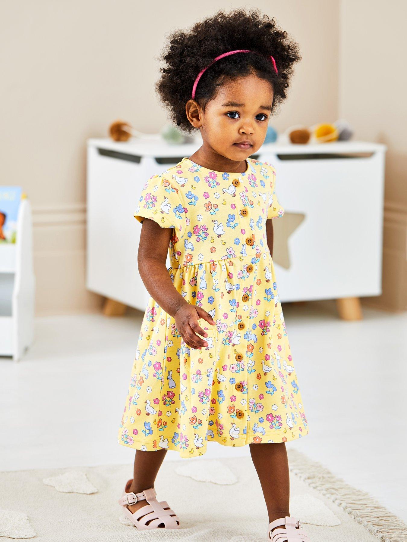 Girls Bunny Duck Button Through Pet In Pocket Dress Yellow