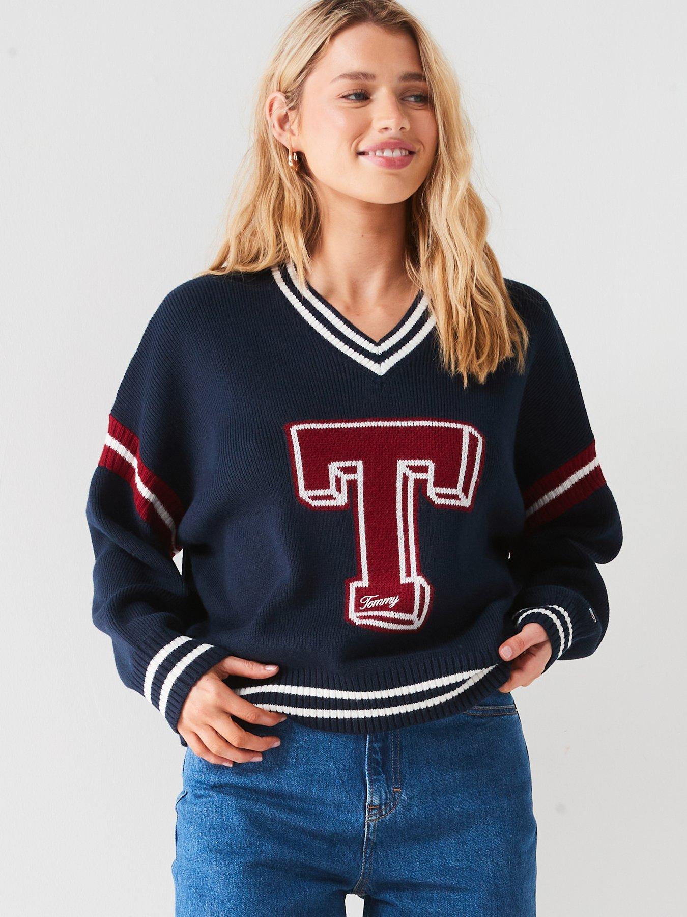 Tommy Jeans Letterman V Neck Jumper - Navy | Very.co.uk 
