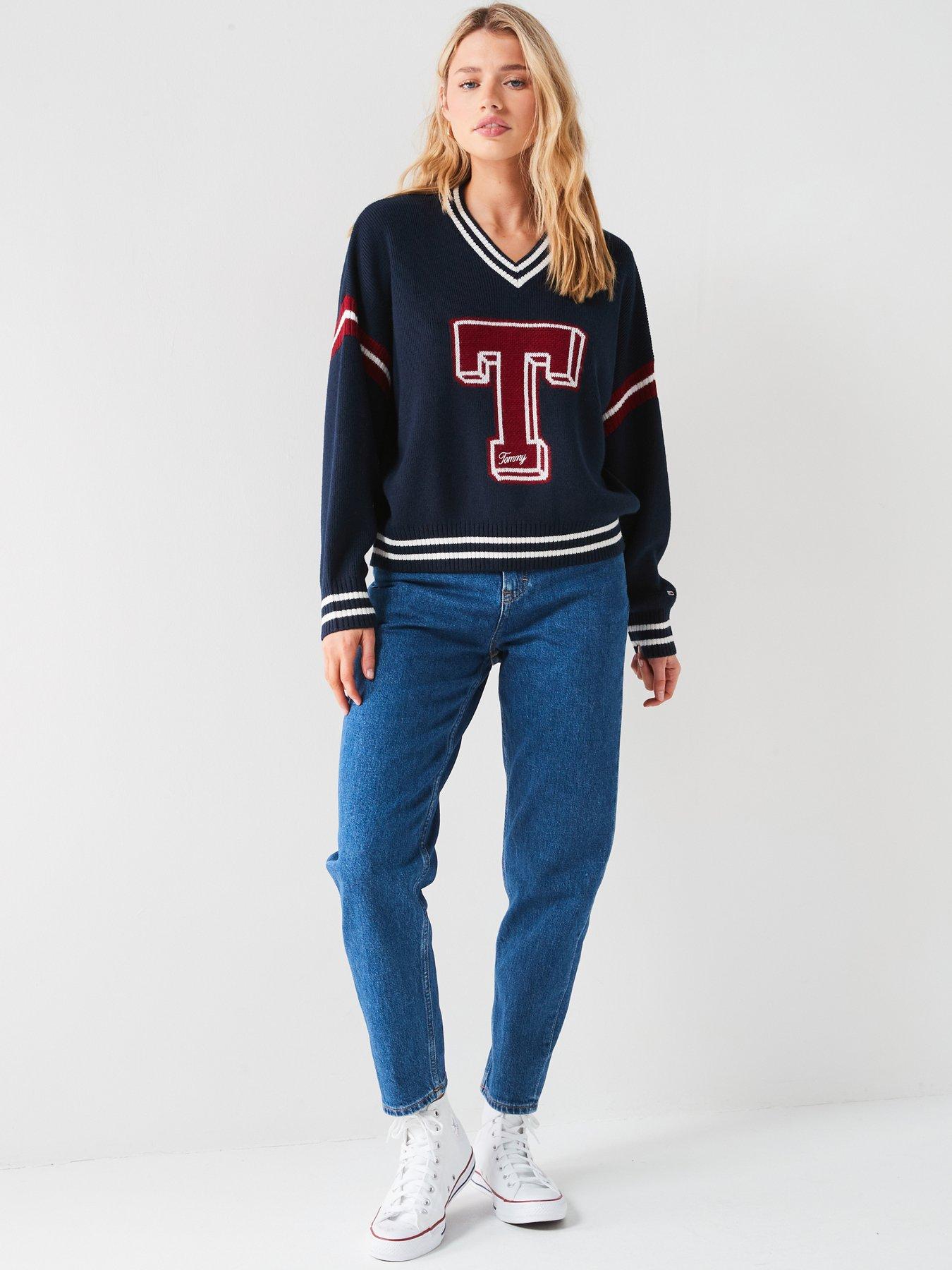 Tommy Jeans Letterman V Neck Jumper - Navy | Very.co.uk 