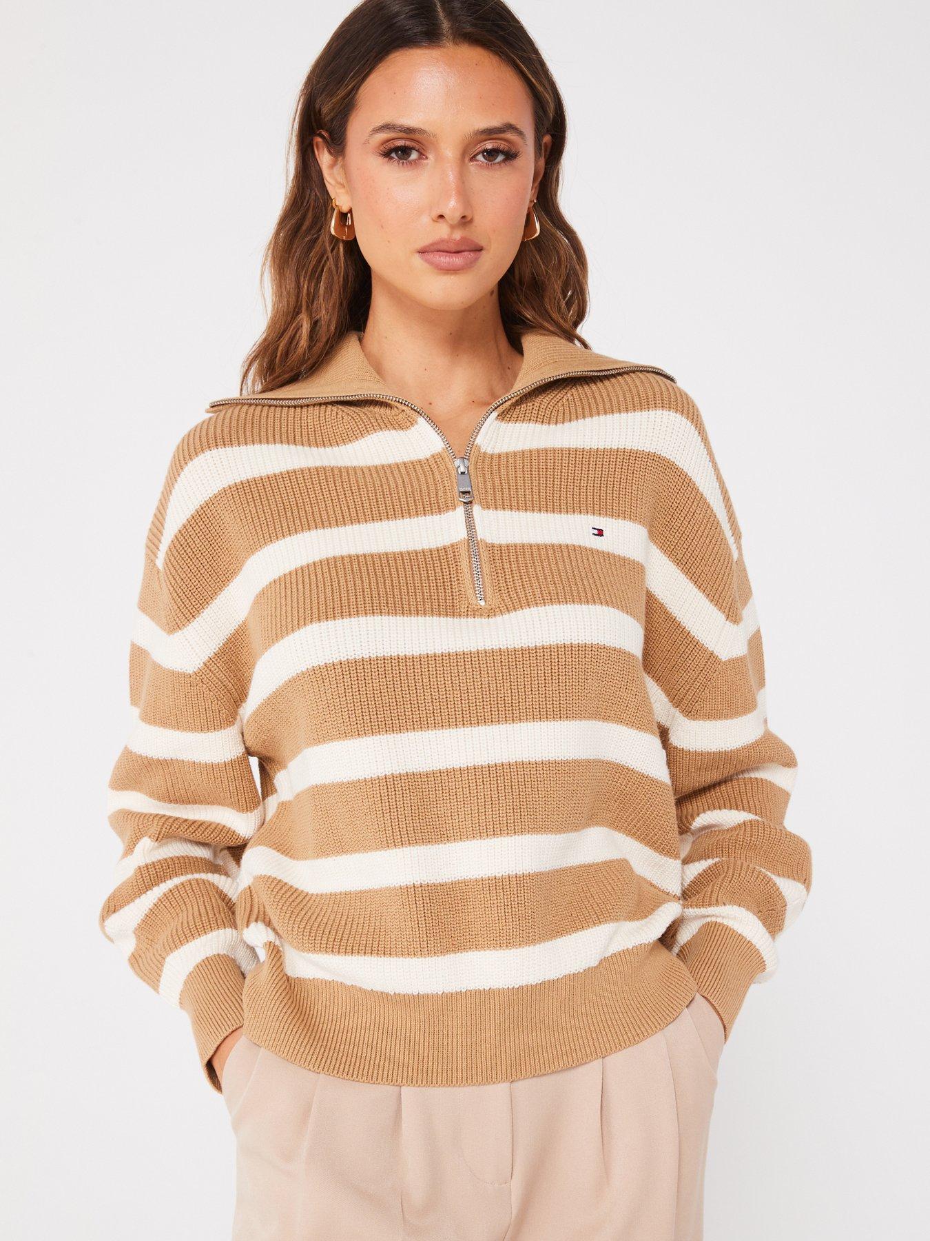 undefined Half Zip Striped Jumper - Beige