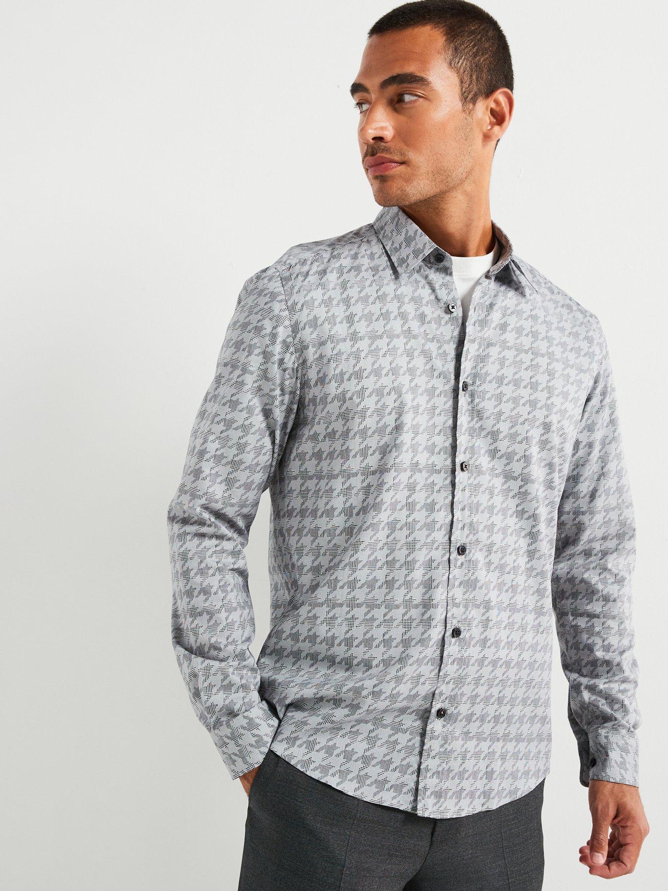 undefined Liam Regular Fit Houndstooth Shirt - Grey