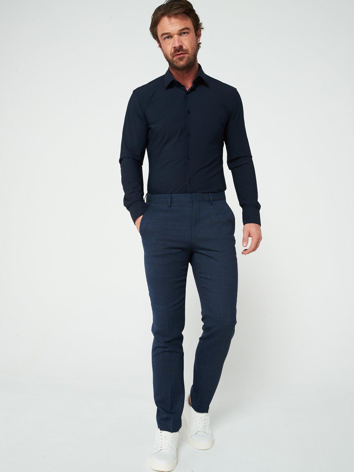 undefined Lean Regular Fit Basket Weave Stretch Wool Suit Trousers - Blue
