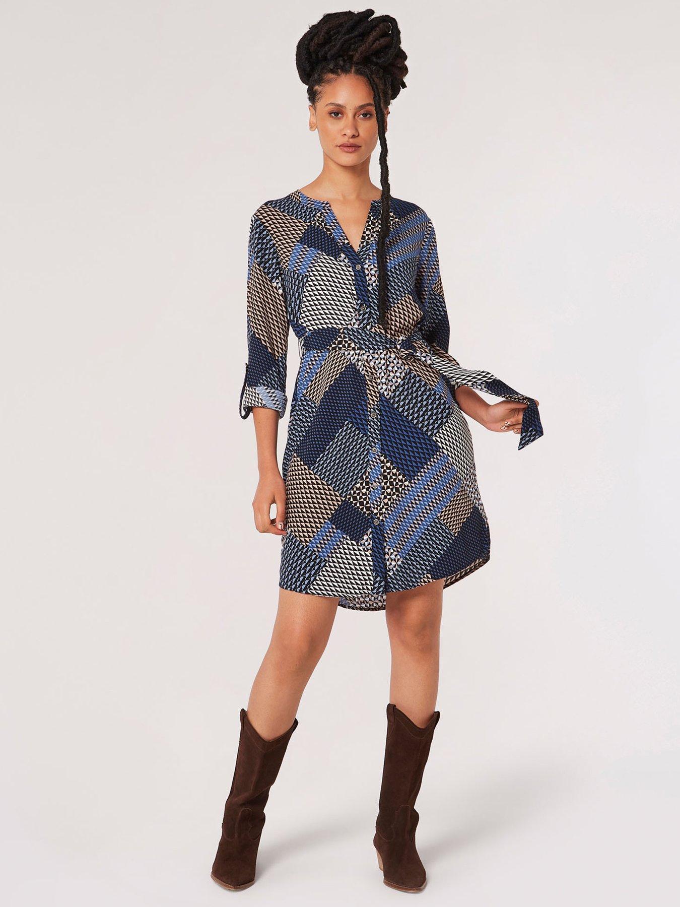 Image 1 of 4 of Apricot Geo Patchwork Tie Shirt Dress