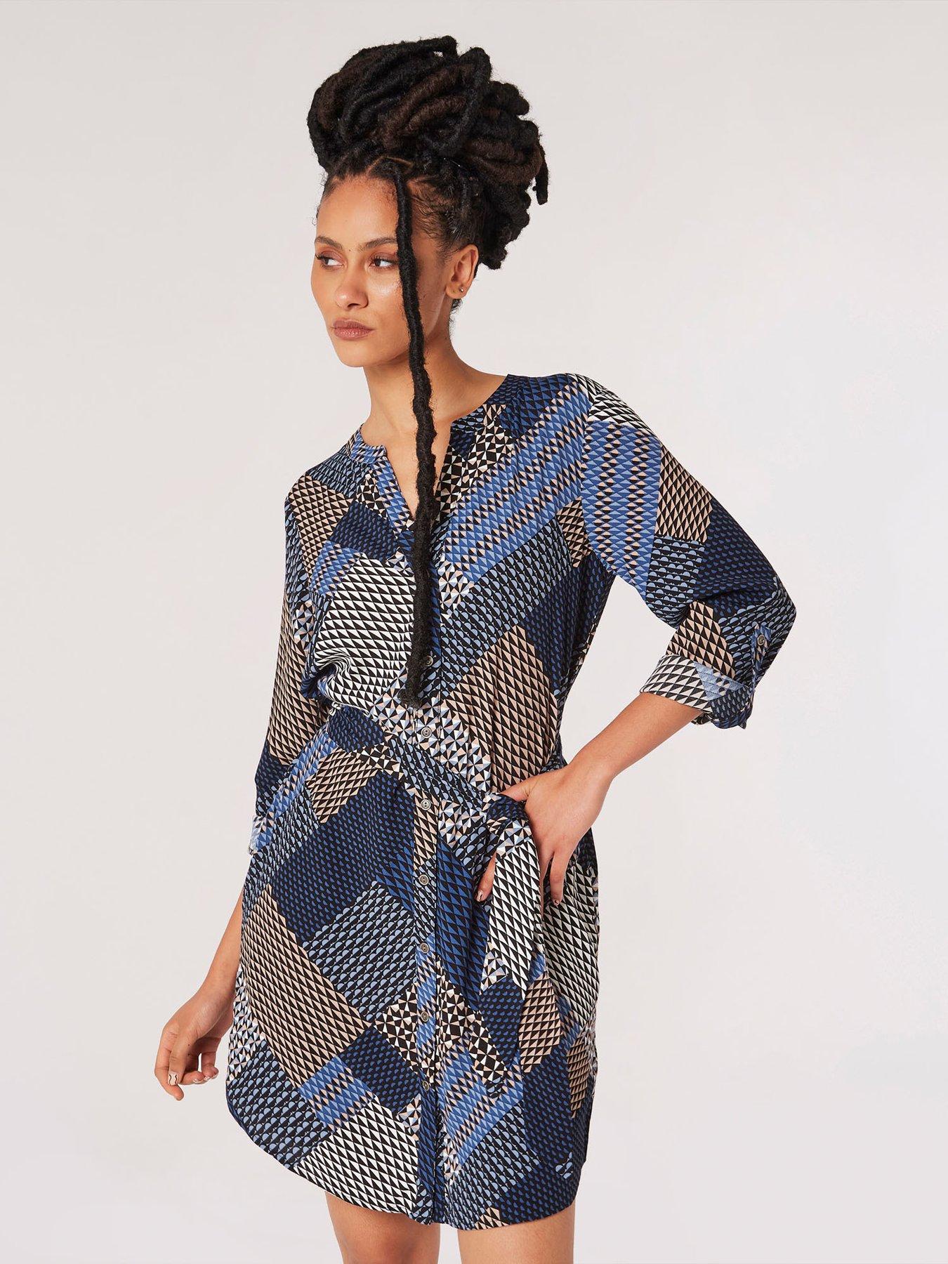 Image 2 of 4 of Apricot Geo Patchwork Tie Shirt Dress