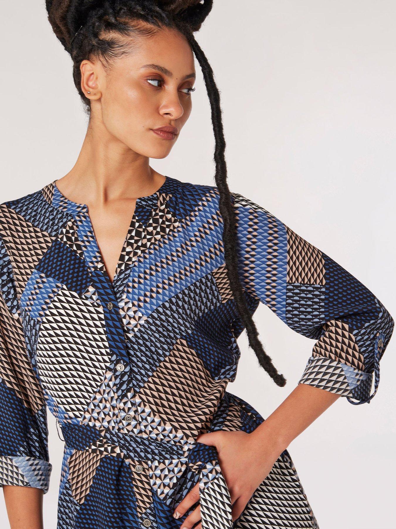 Image 3 of 4 of Apricot Geo Patchwork Tie Shirt Dress