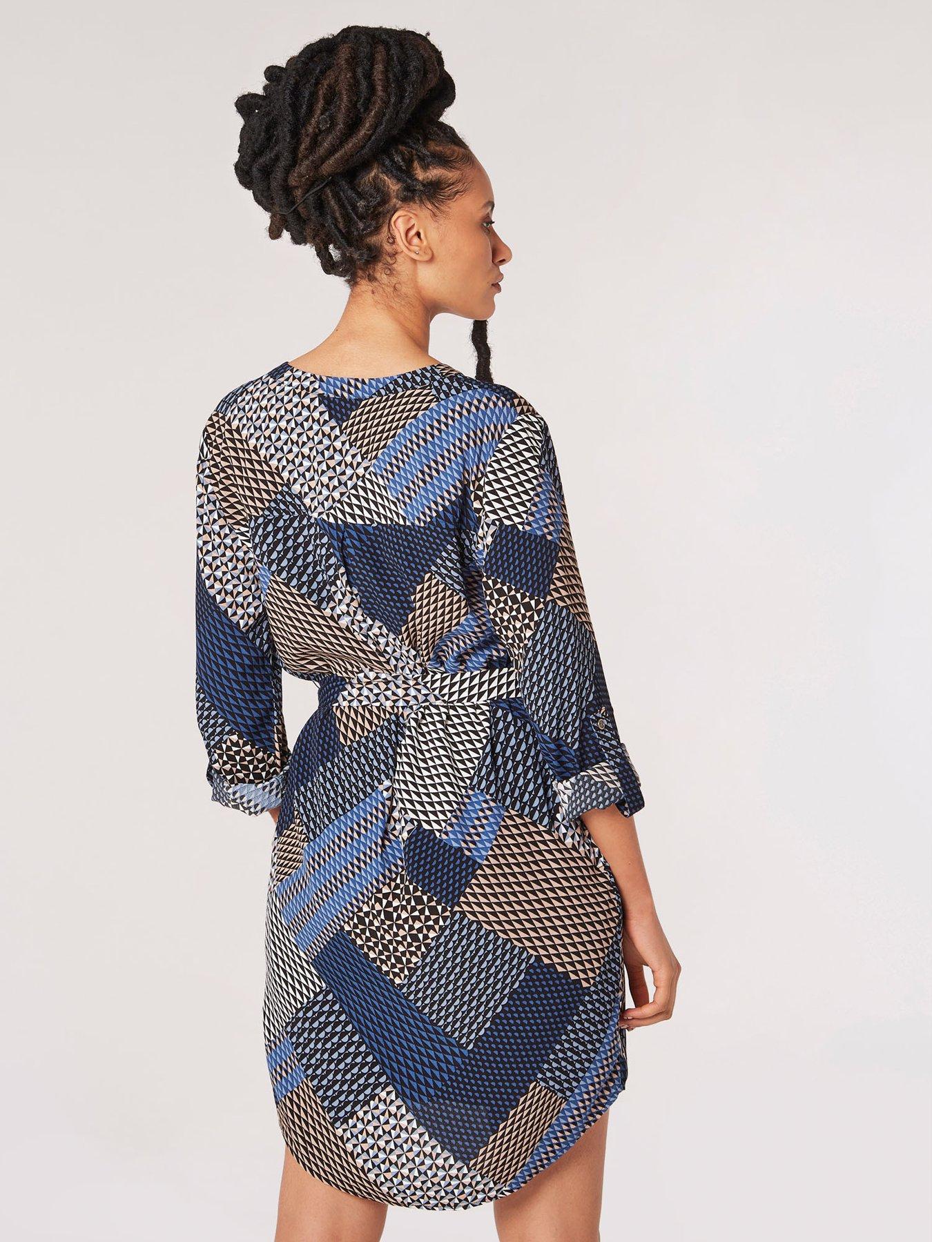 Image 4 of 4 of Apricot Geo Patchwork Tie Shirt Dress