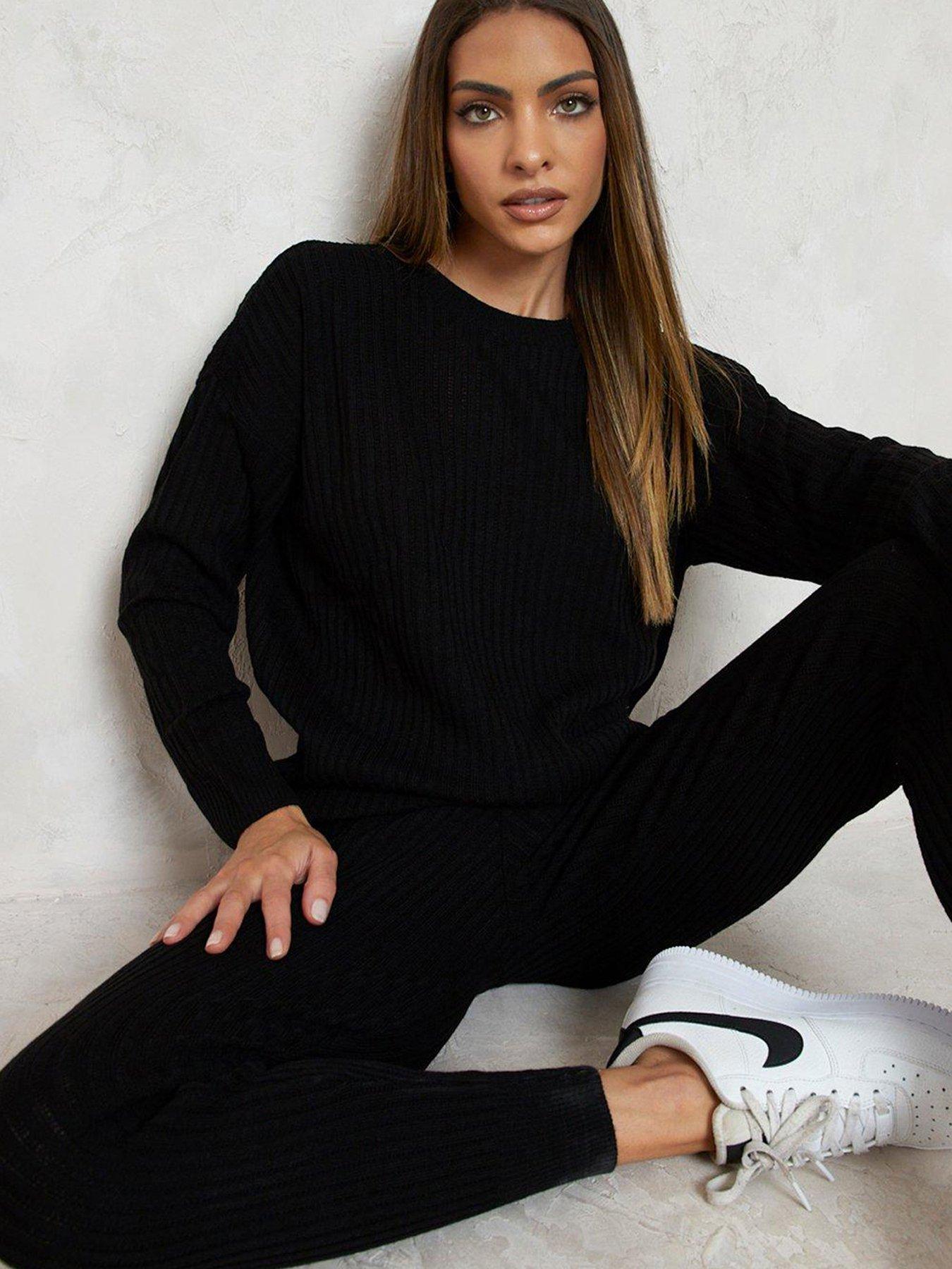 Slouchy Rib Knitted Tracksuit Black