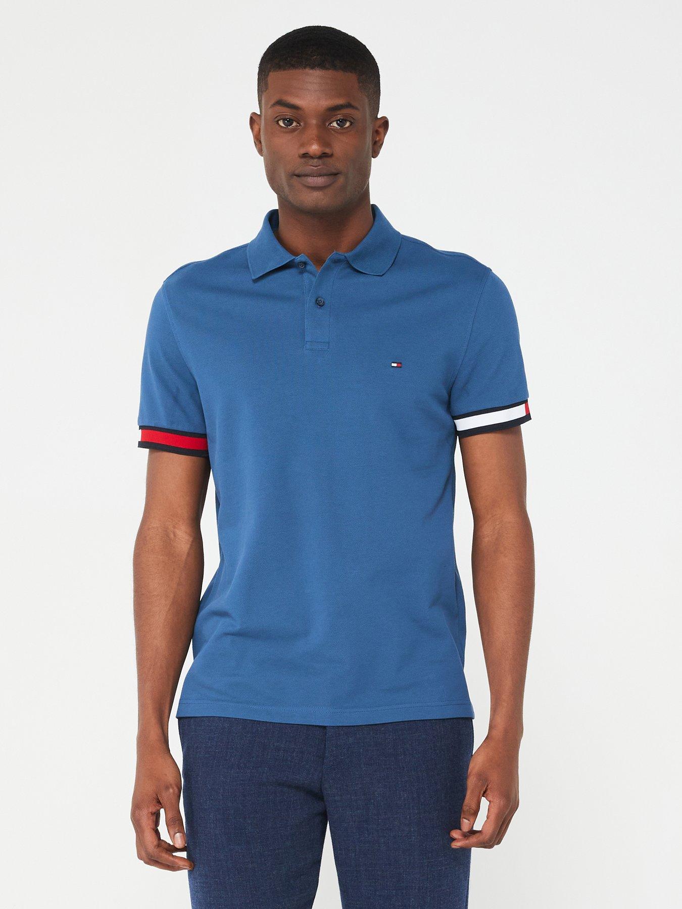 Tommy Hilfiger Flag Cuff Flag Slim Fit Polo Shirt - Blue | Very.co.uk