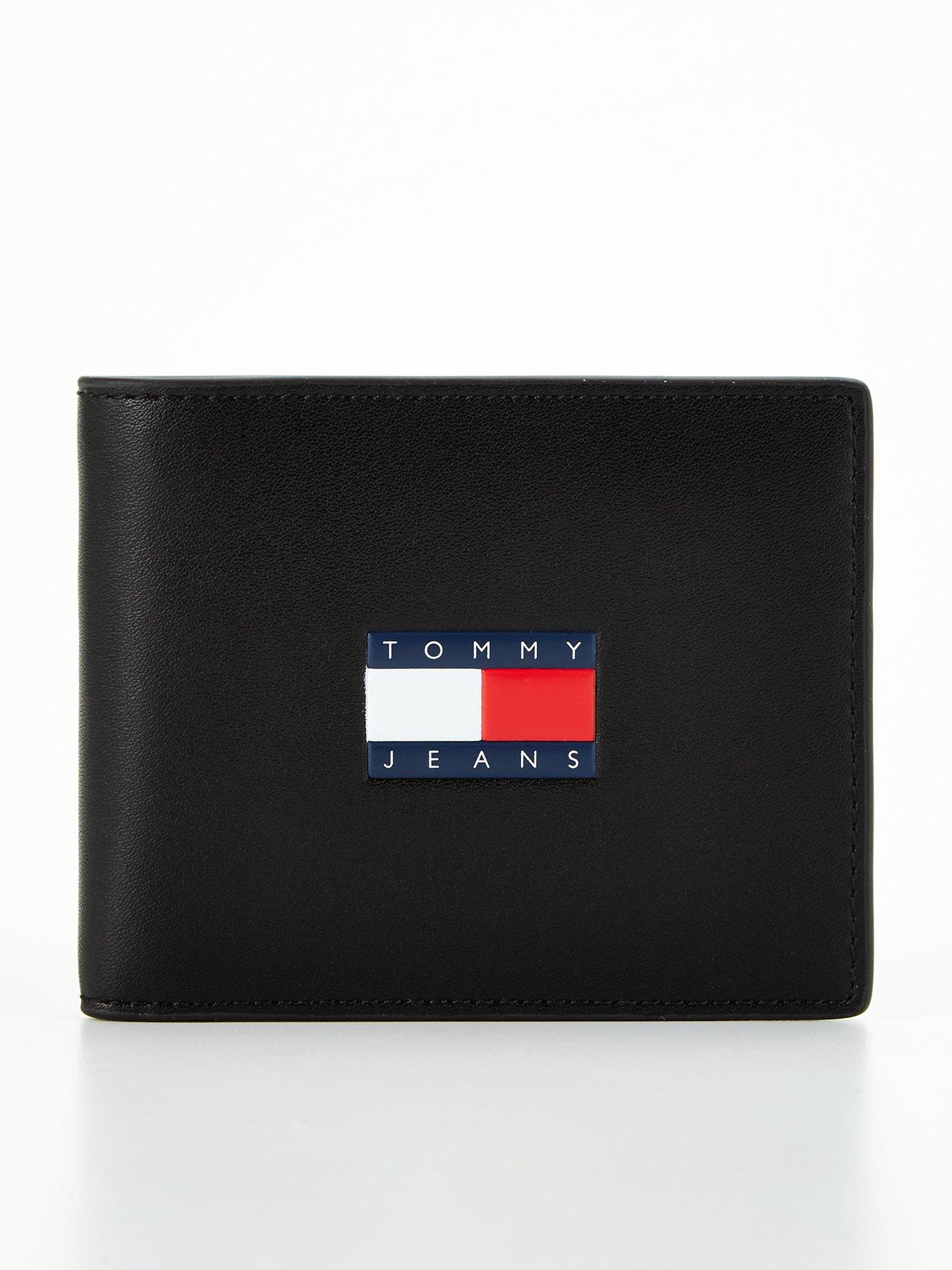 tommy jeans archive leather flag coin and card wallet - black