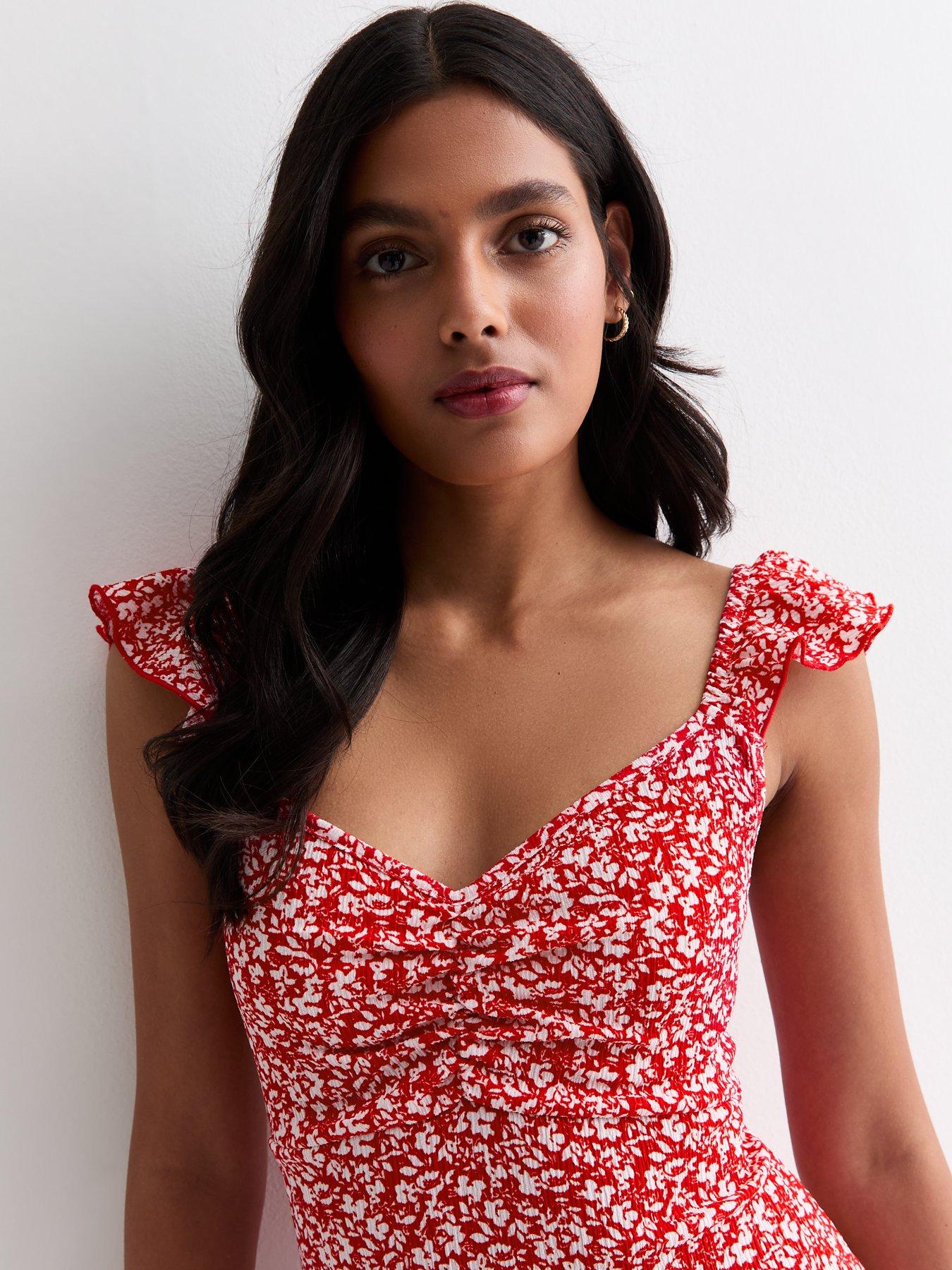 New Look Red Ditsy Print Sweetheart Ruched Midi Dress Very