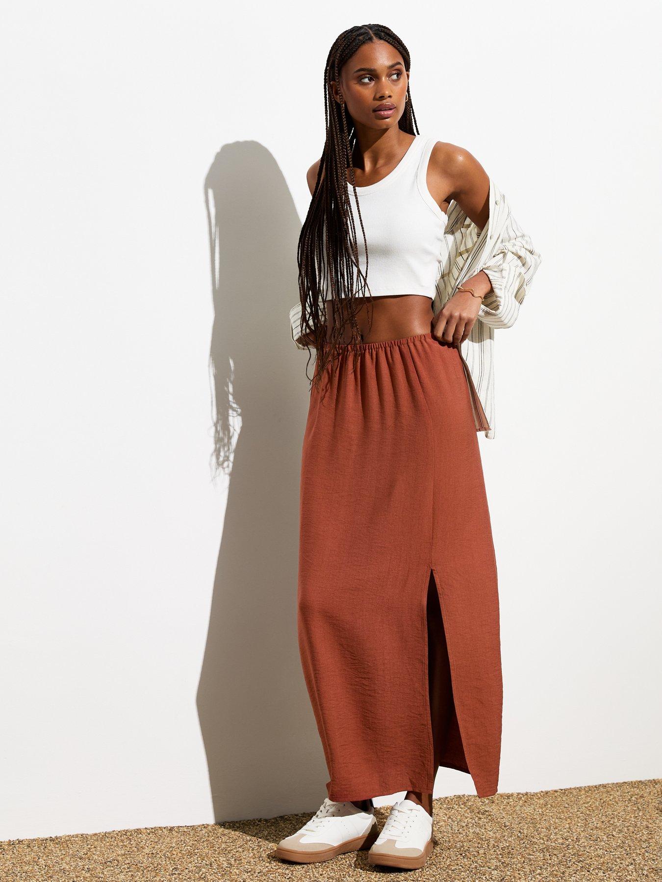 Rust Textured Split Hem Midi Skirt